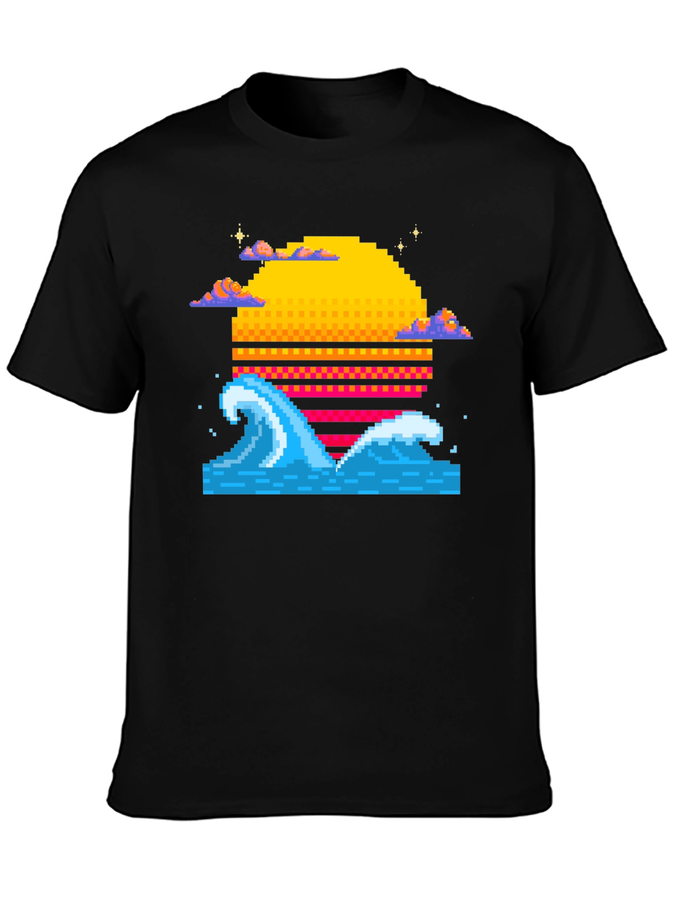 Pixel Wave Sunset Black T-Shirt