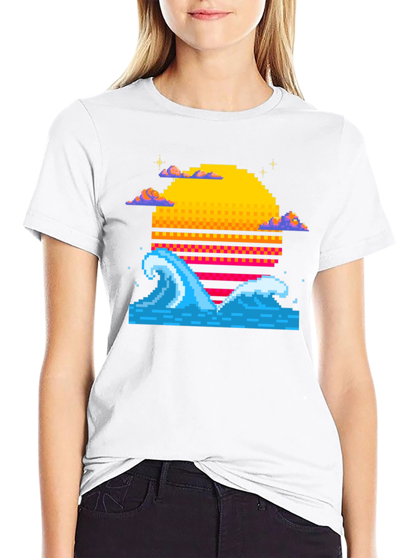 Pixel Wave Sunset Black T-Shirt