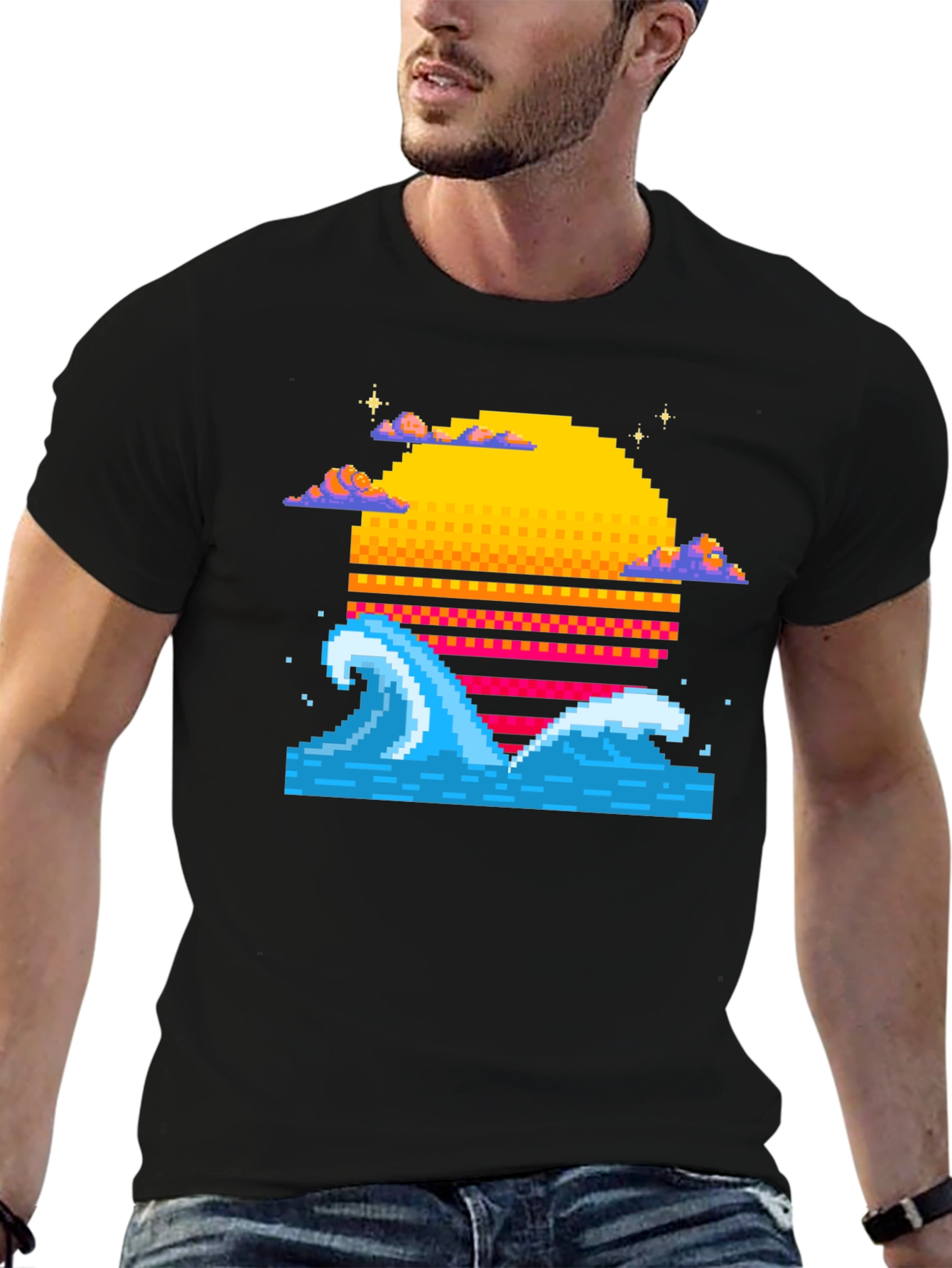 Pixel Wave Sunset Black T-Shirt