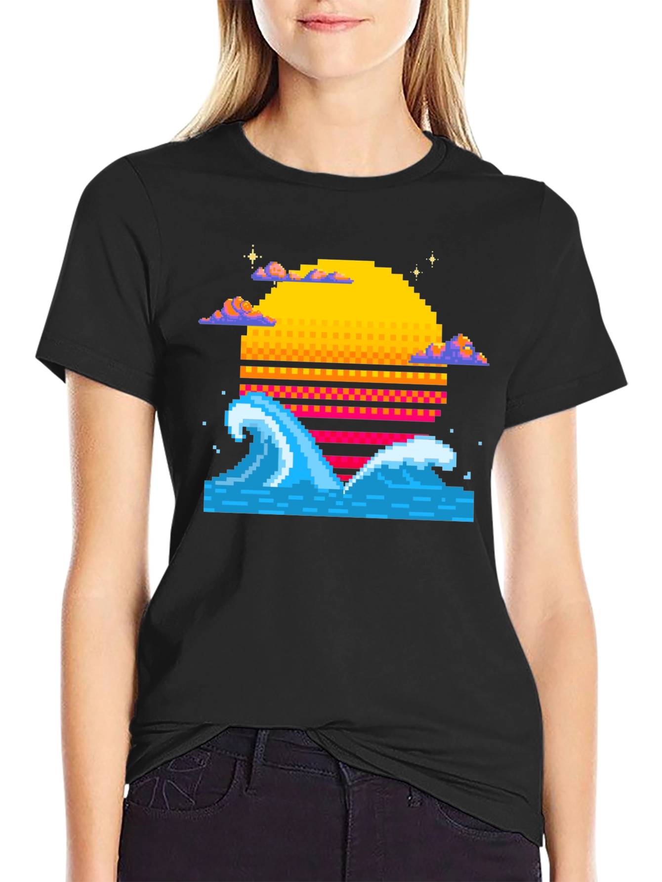 Pixel Wave Sunset Black T-Shirt