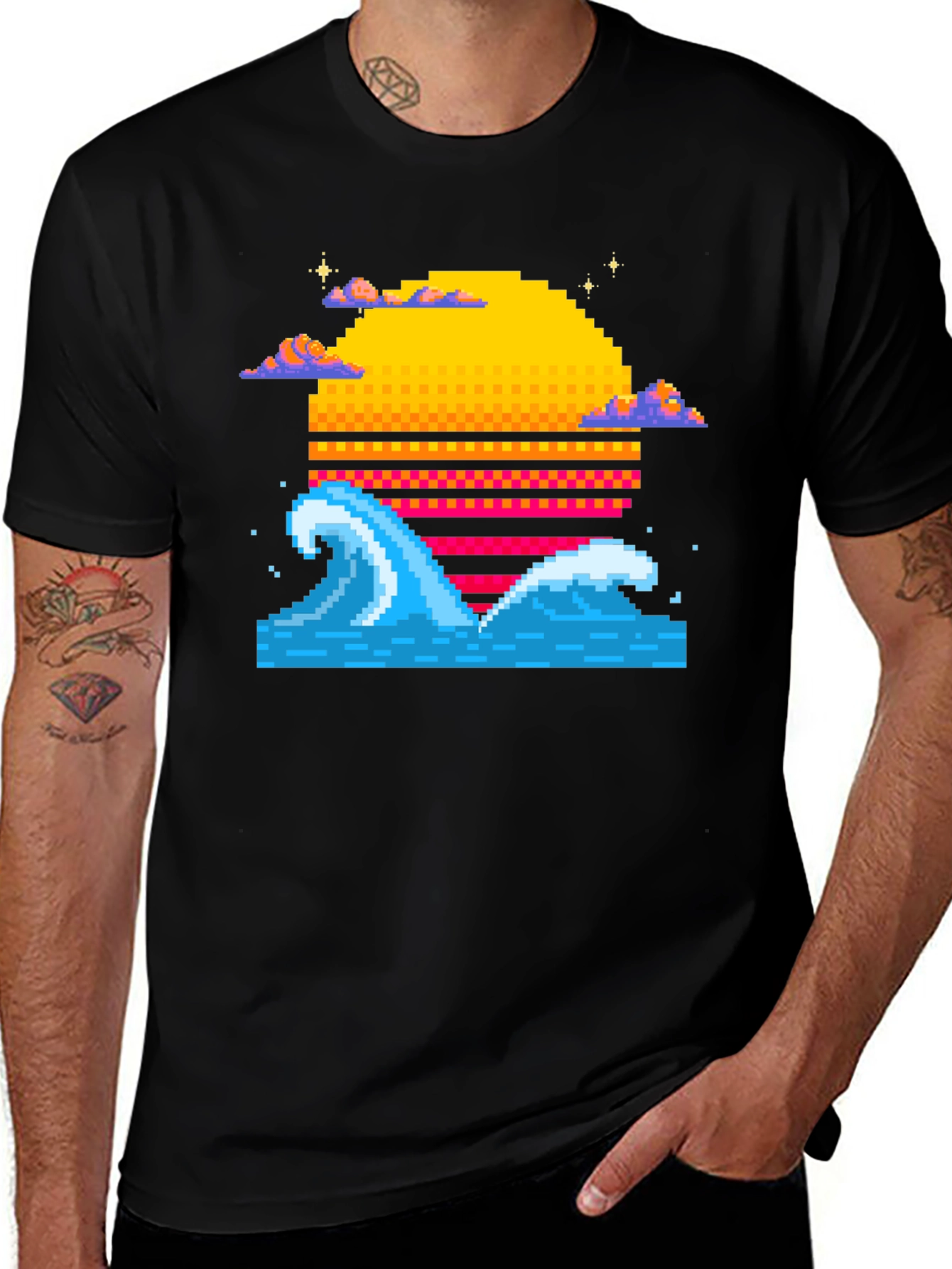 Pixel Wave Sunset Black T-Shirt
