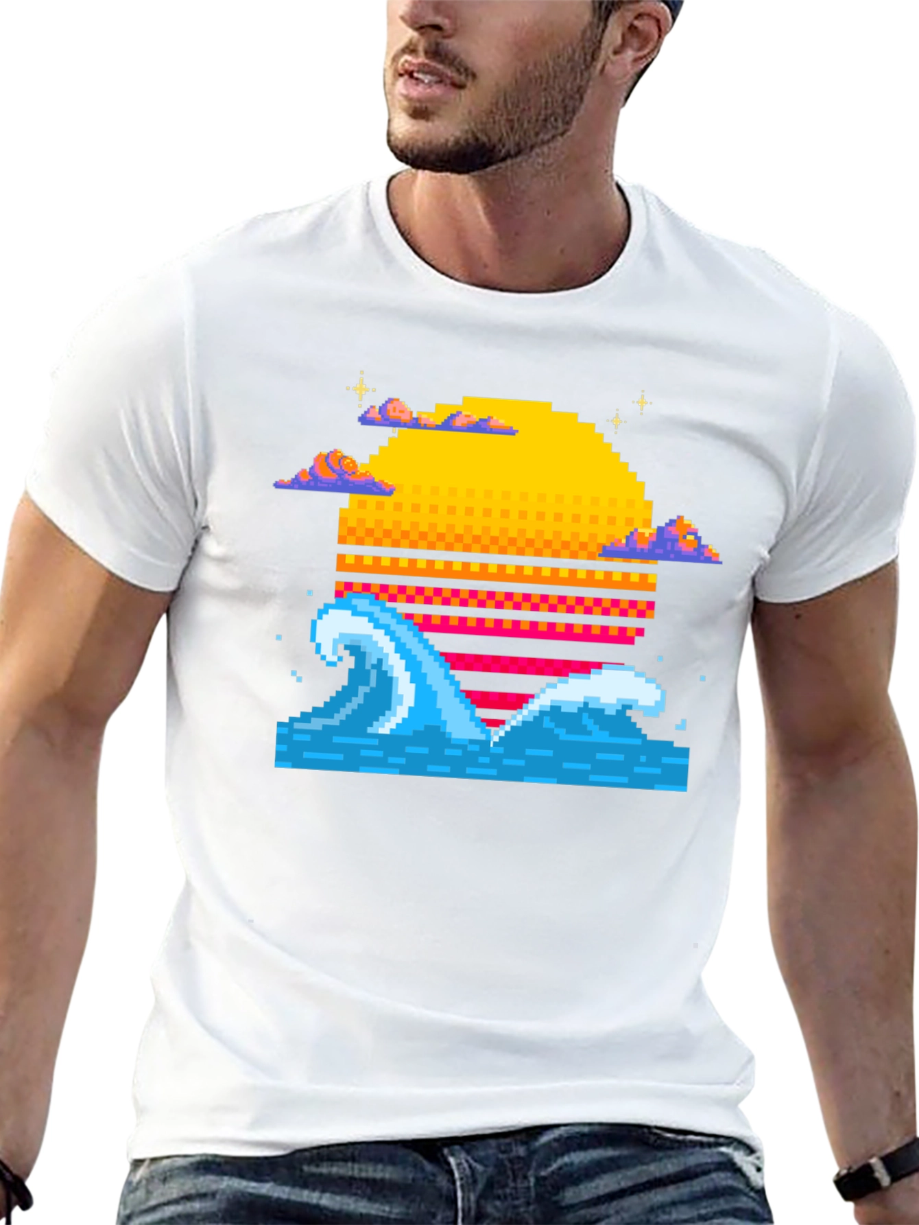 Pixel Wave Sunset Black T-Shirt