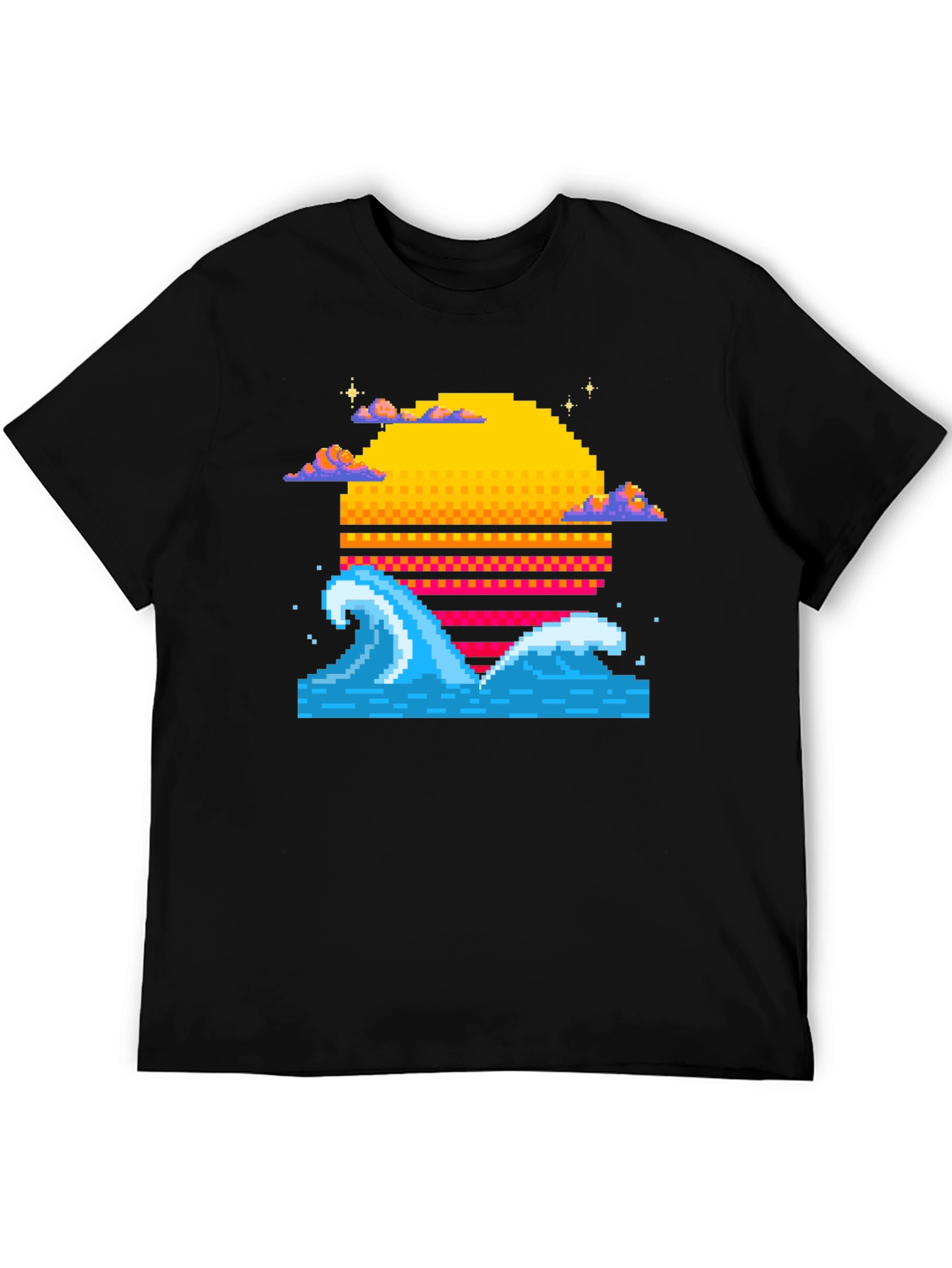 Pixel Wave Sunset Black T-Shirt