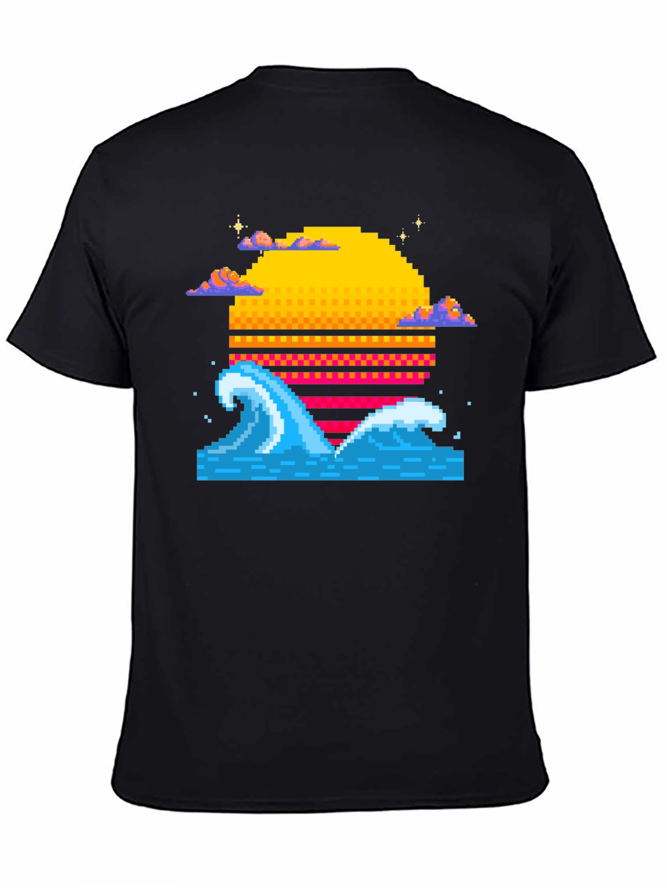 Pixel Wave Sunset Black T-Shirt