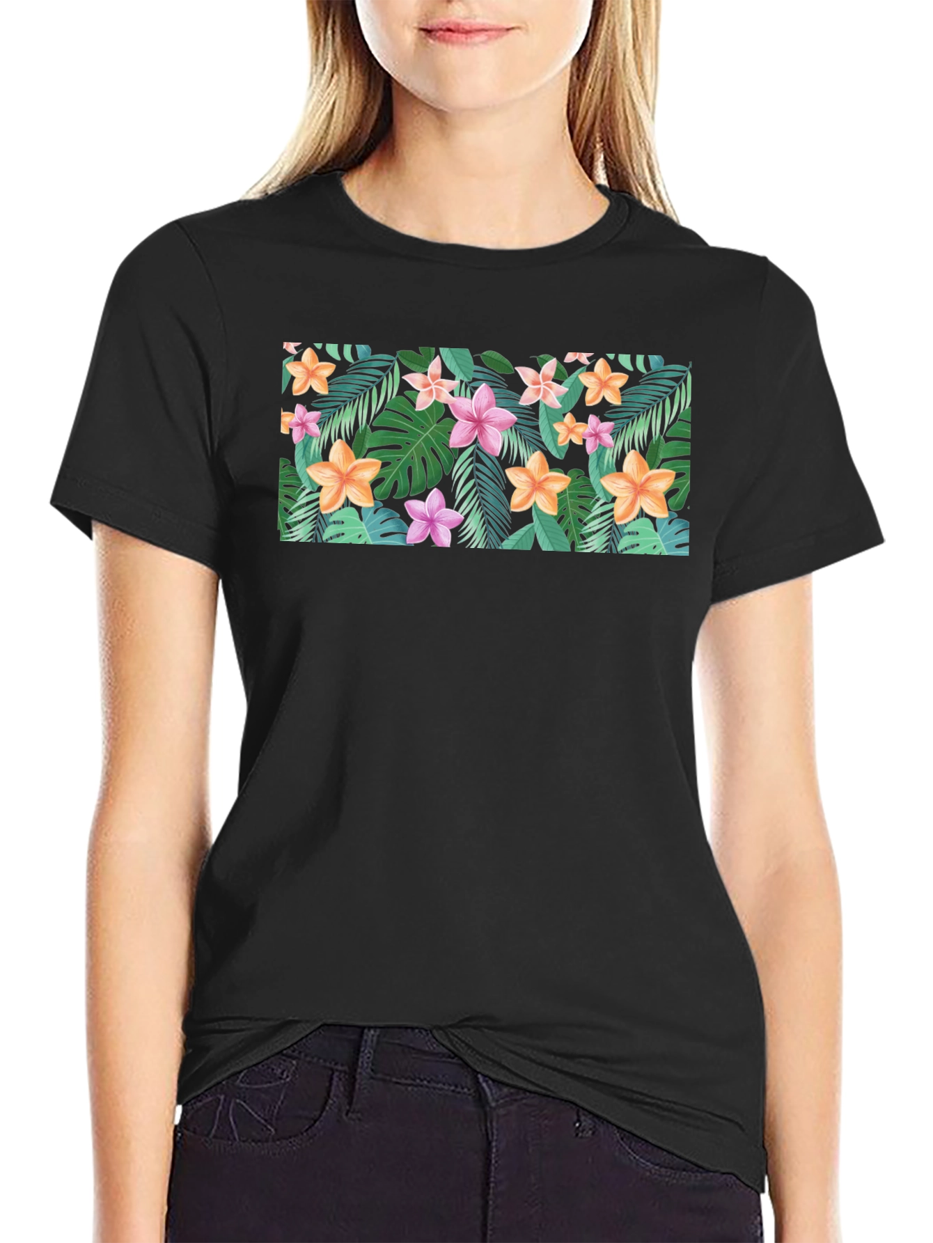 Tropical Floral Print Black T-Shirt