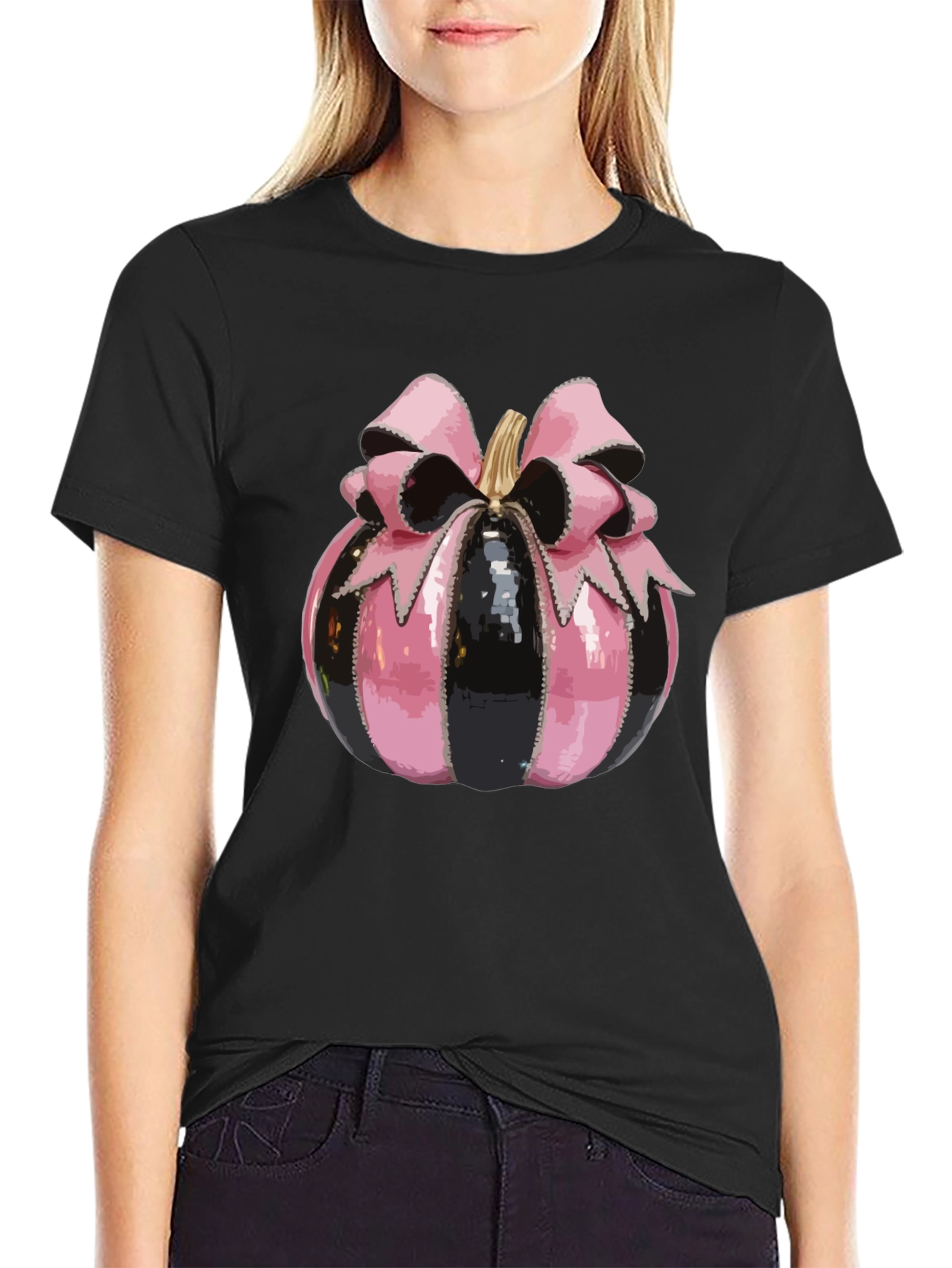 Pink & Black Pumpkin Bow T-Shirt - Halloween Style