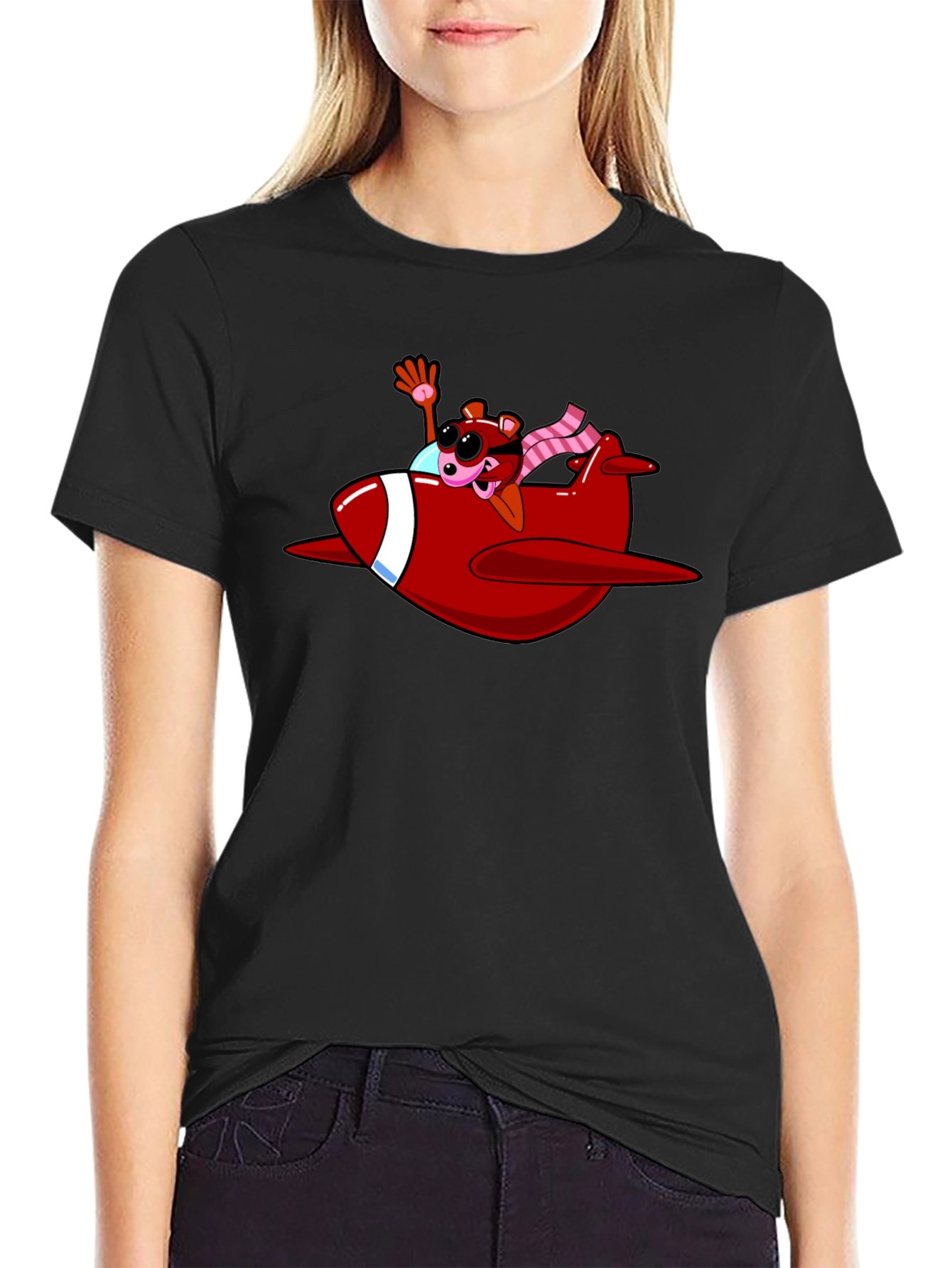 Cartoon Bear in Plane Black T-Shirt