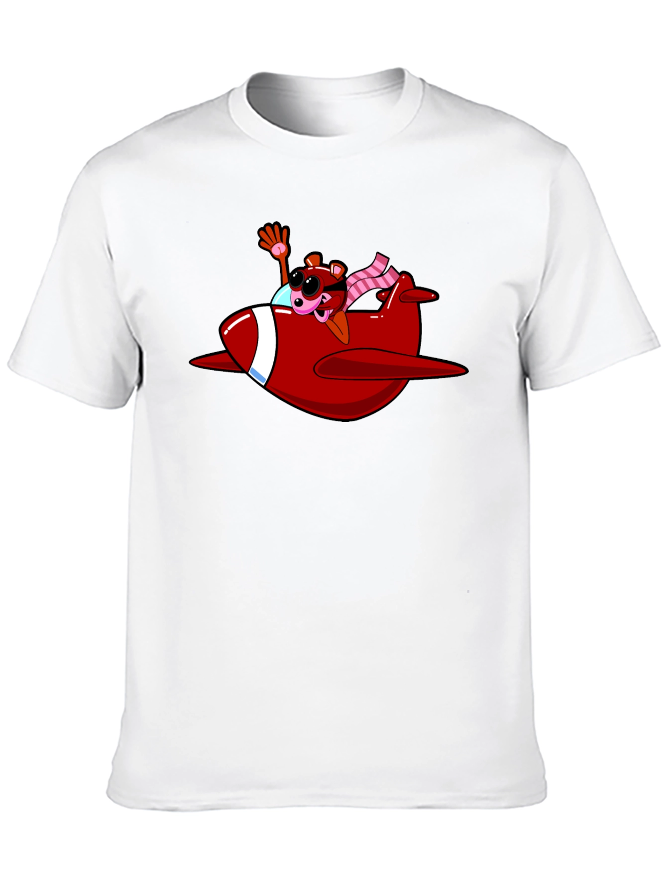 Cartoon Bear in Plane Black T-Shirt