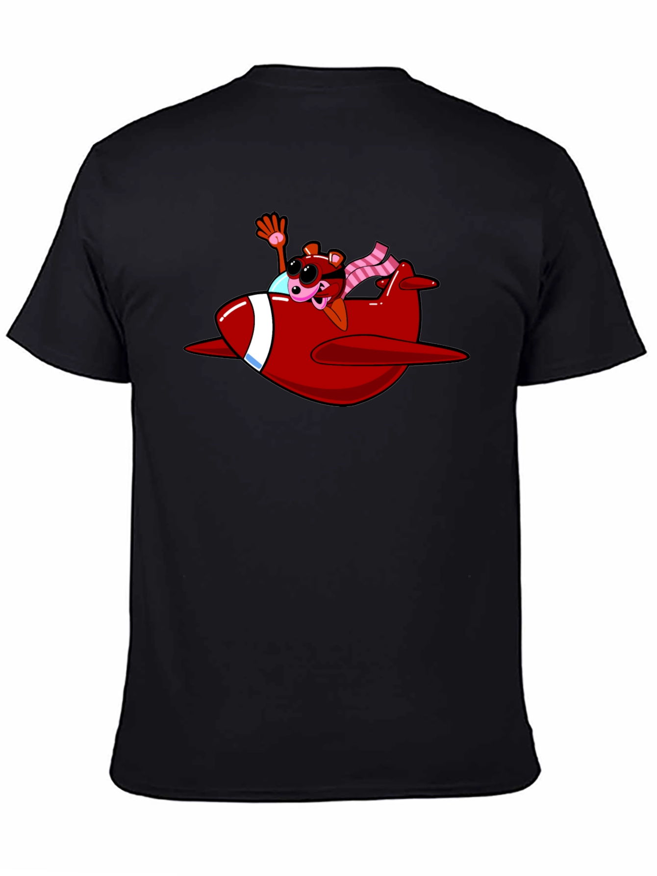 Cartoon Bear in Plane Black T-Shirt