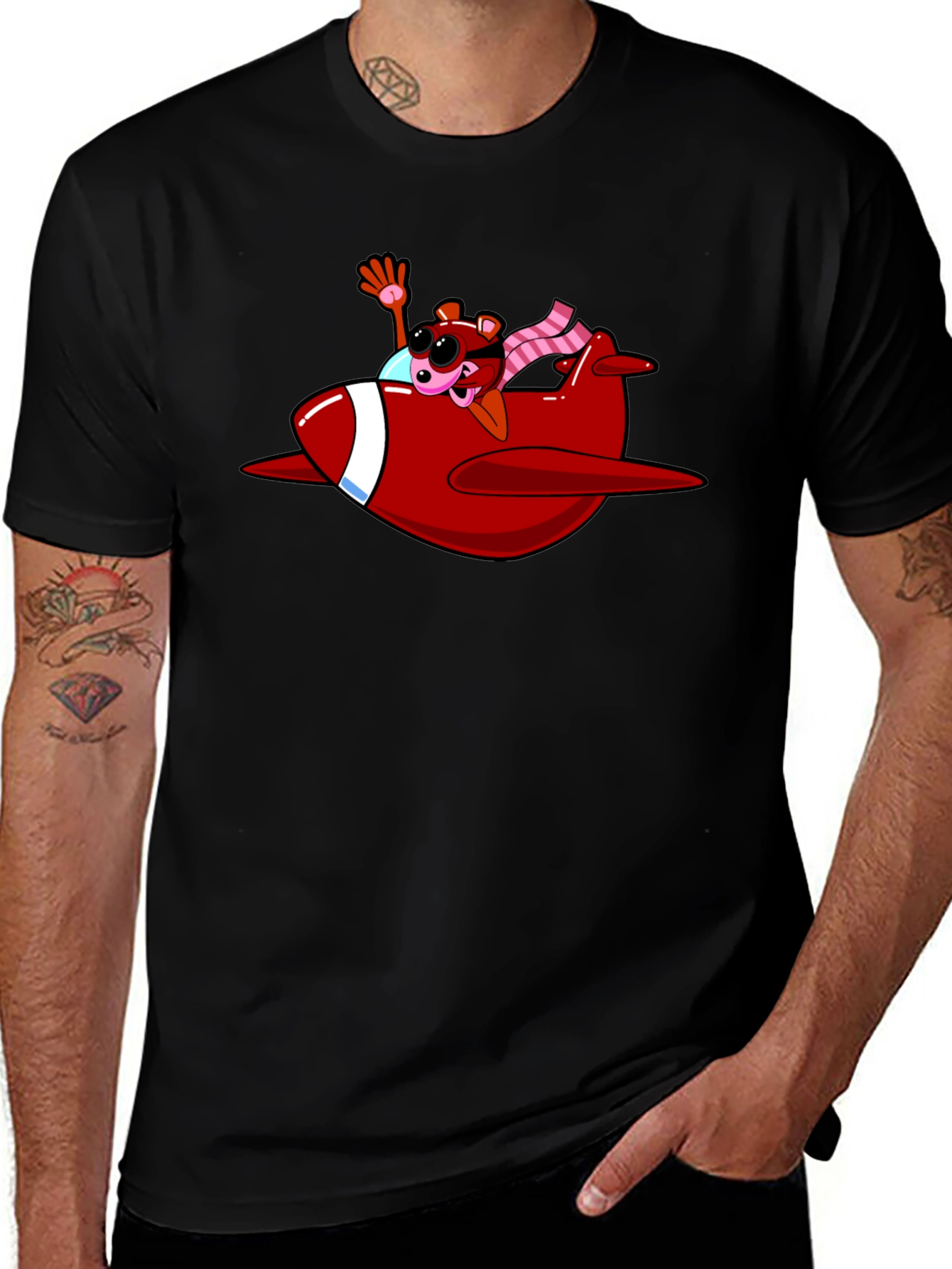 Cartoon Bear in Plane Black T-Shirt