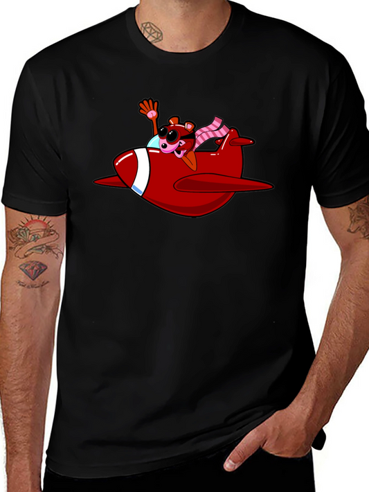 Cartoon Bear in Plane Black T-Shirt