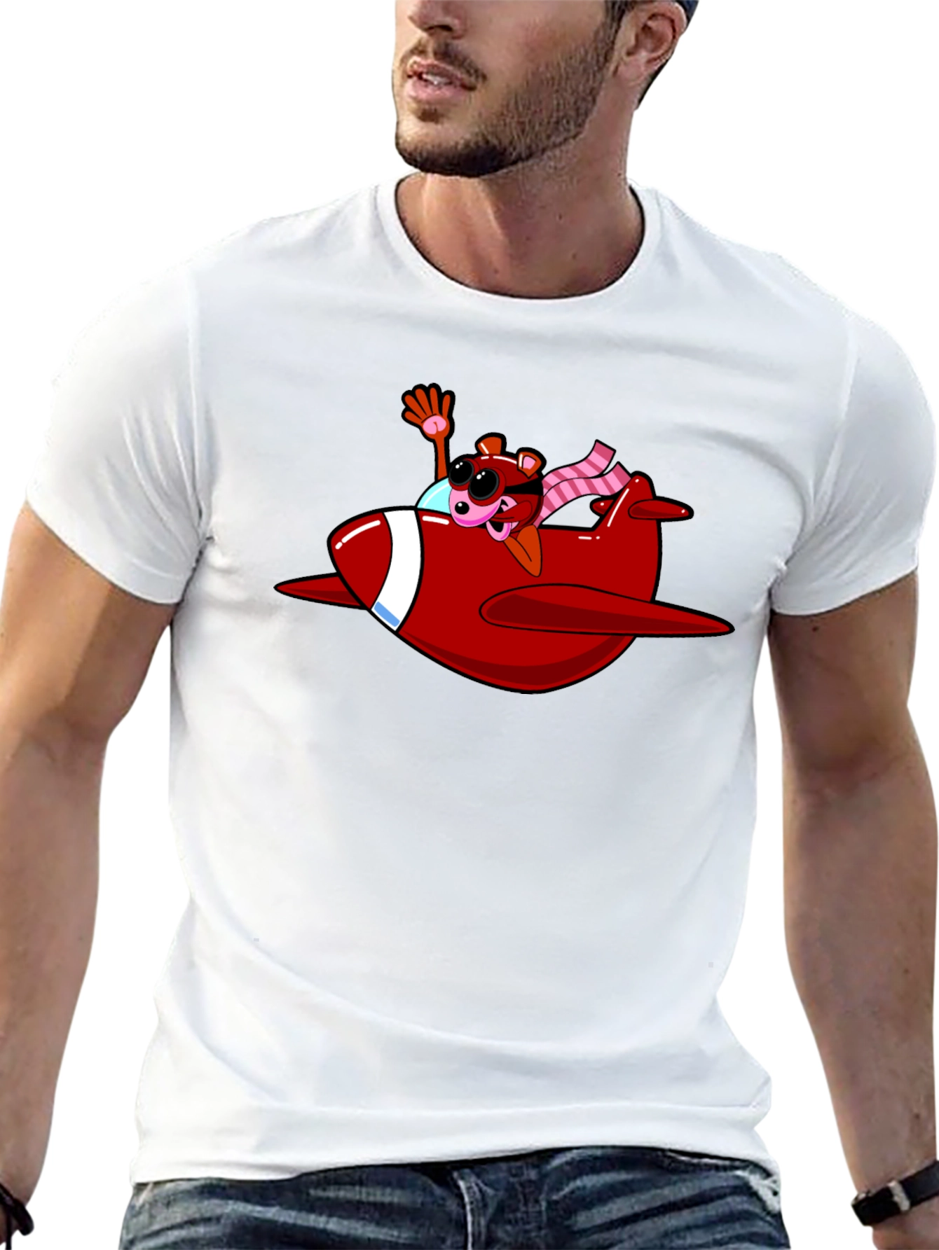 Cartoon Bear in Plane Black T-Shirt