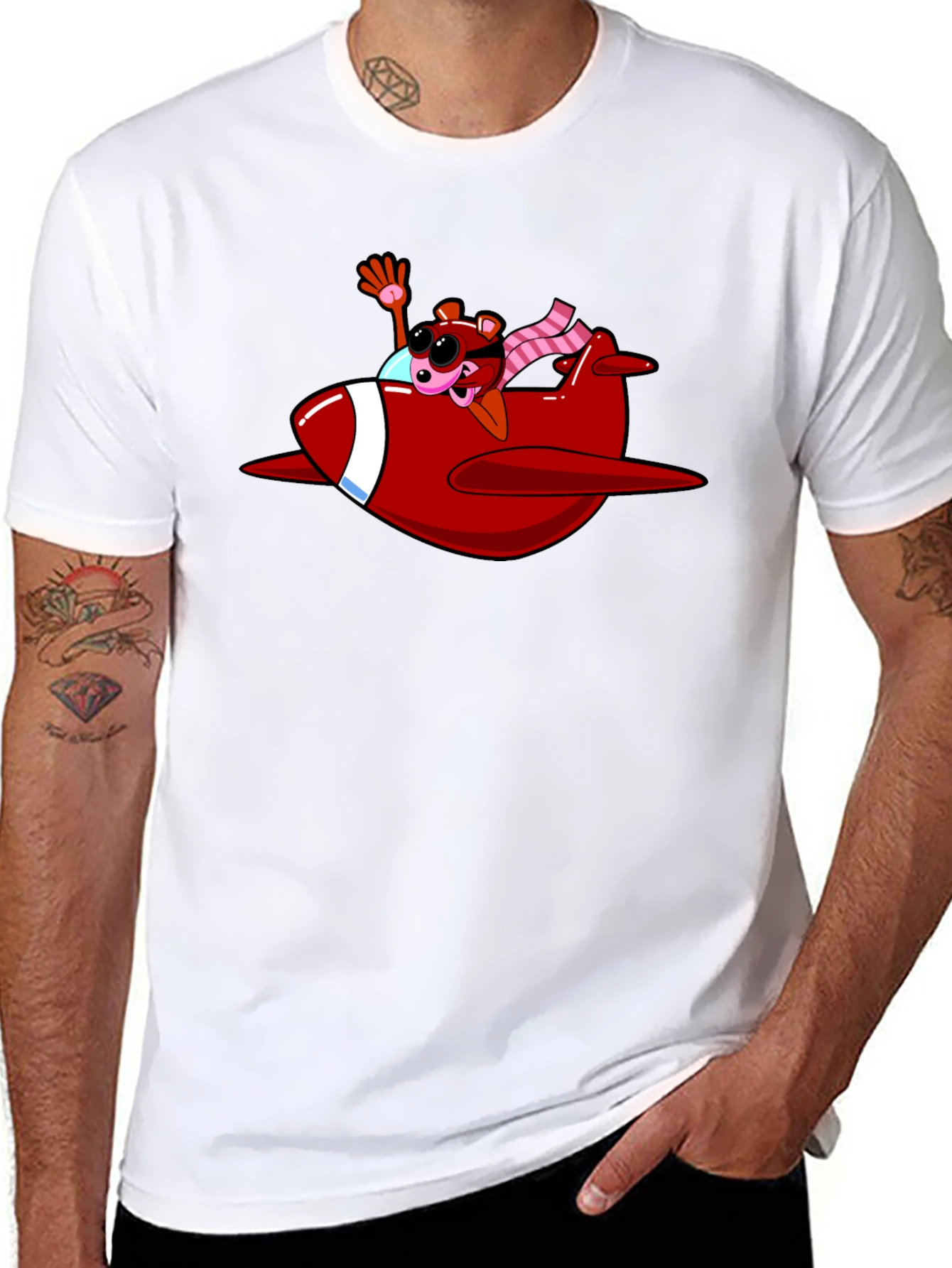 Cartoon Bear in Plane Black T-Shirt