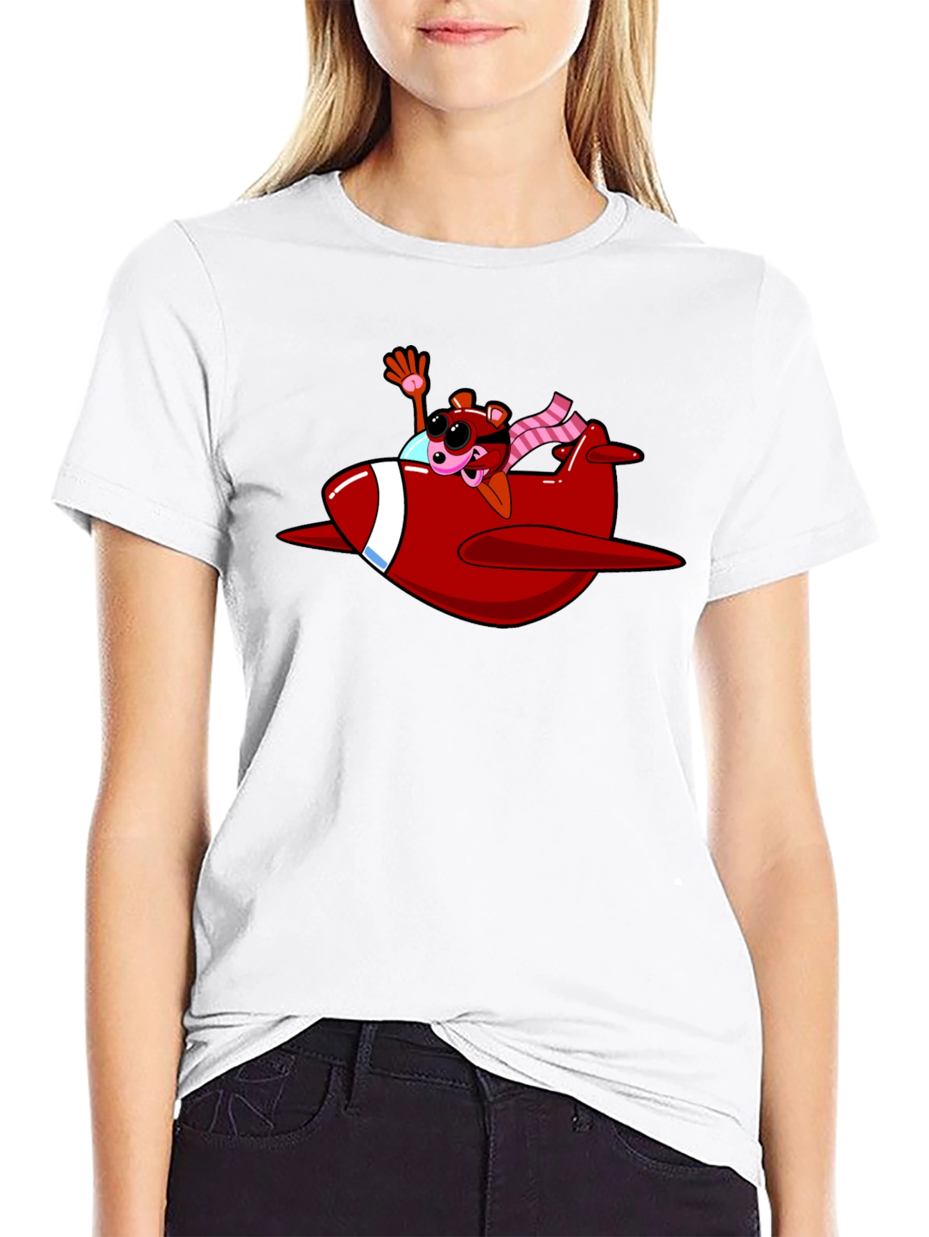 Cartoon Bear in Plane Black T-Shirt