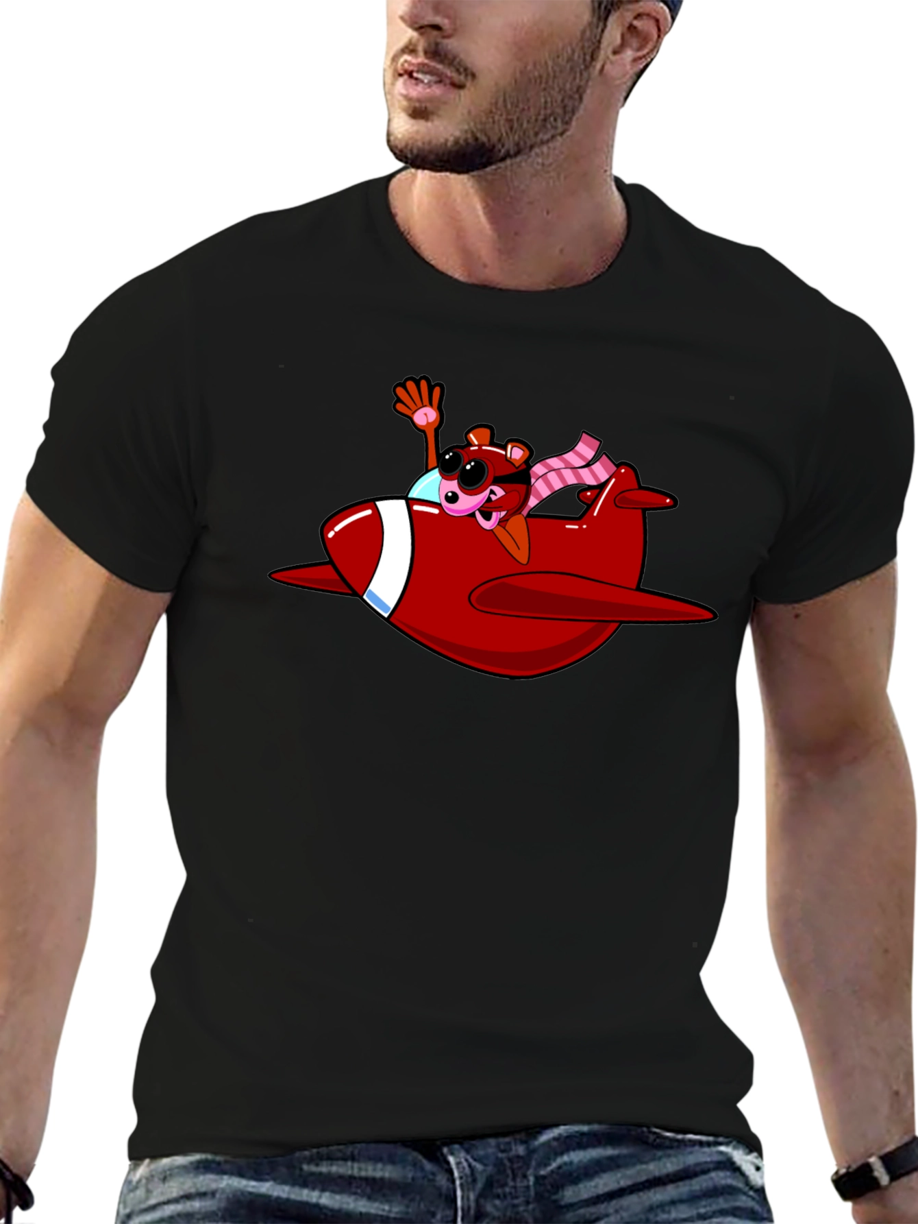 Cartoon Bear in Plane Black T-Shirt