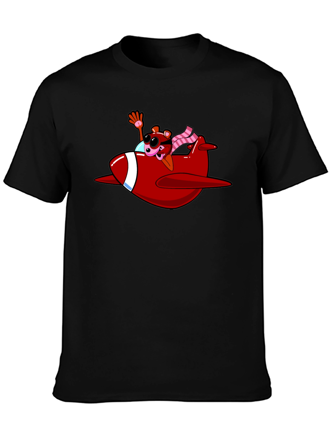 Cartoon Bear in Plane Black T-Shirt