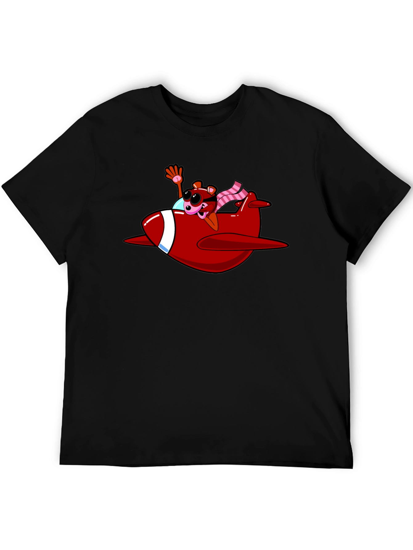 Cartoon Bear in Plane Black T-Shirt