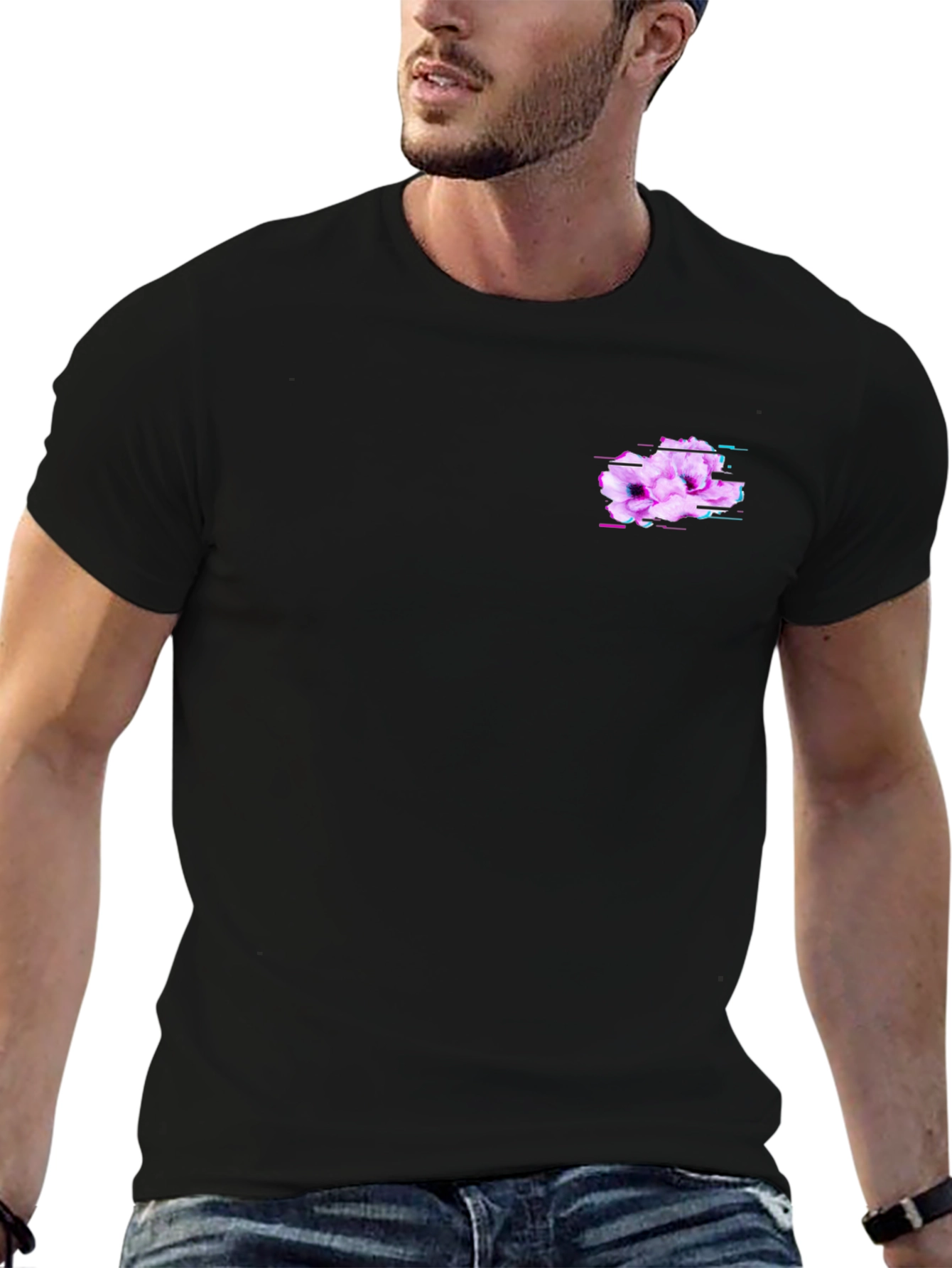 Mens Black T-Shirt with Glitch Floral Design