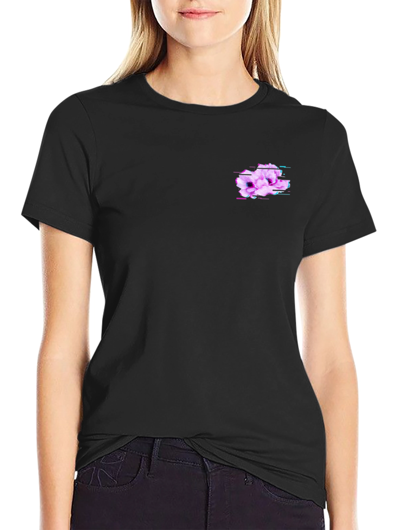 Mens Black T-Shirt with Glitch Floral Design