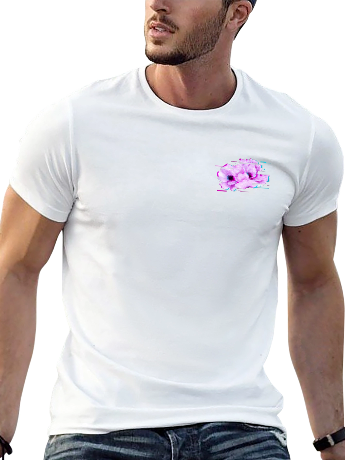 Mens Black T-Shirt with Glitch Floral Design