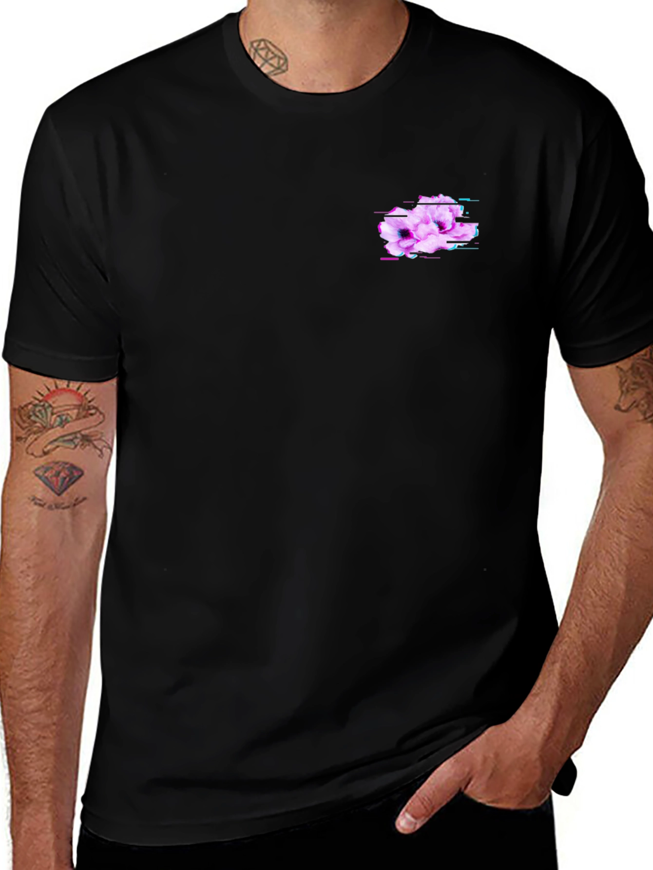 Mens Black T-Shirt with Glitch Floral Design