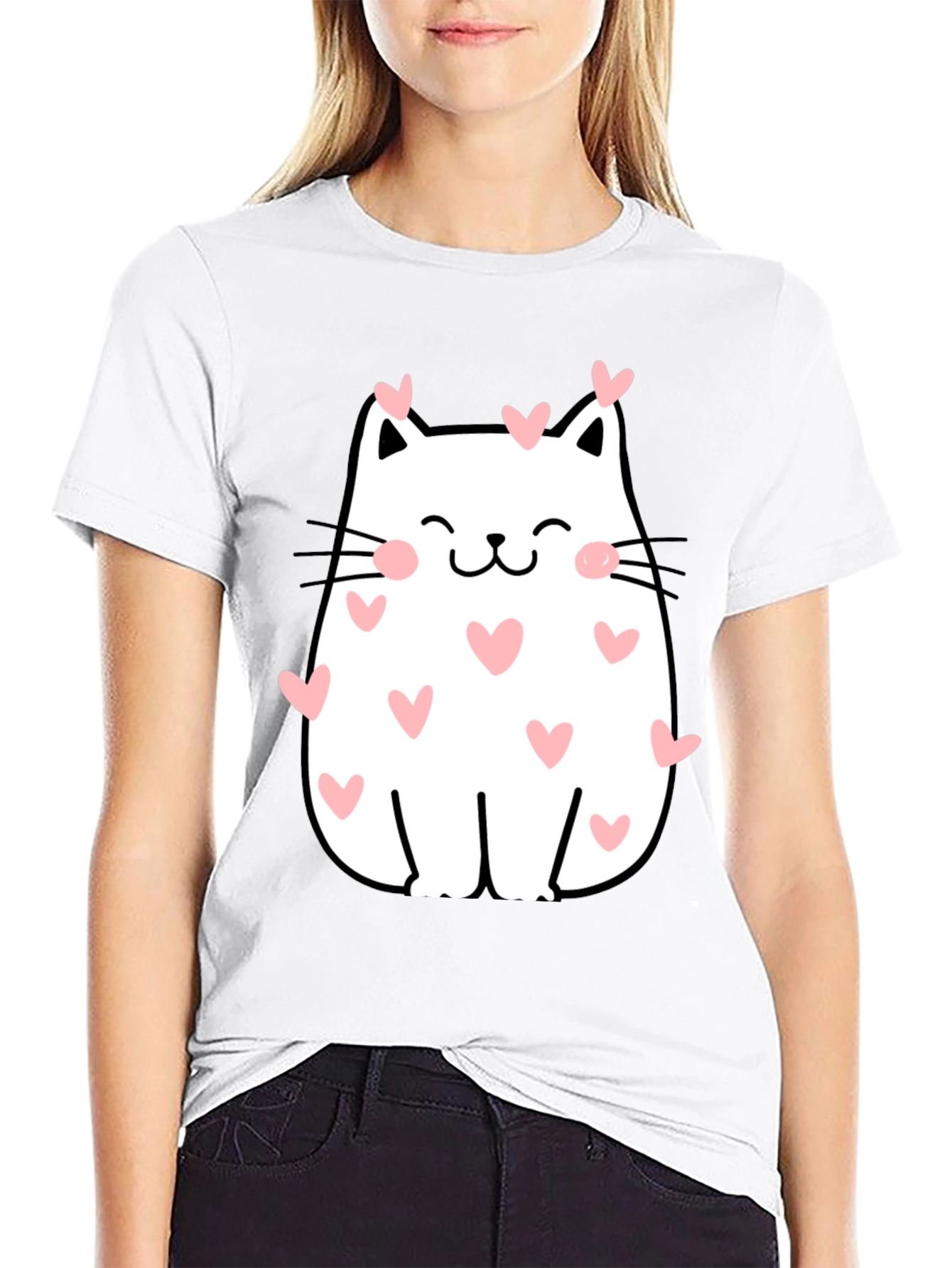 Cute Cat Hearts Graphic Tee - Black Casual T-Shirt