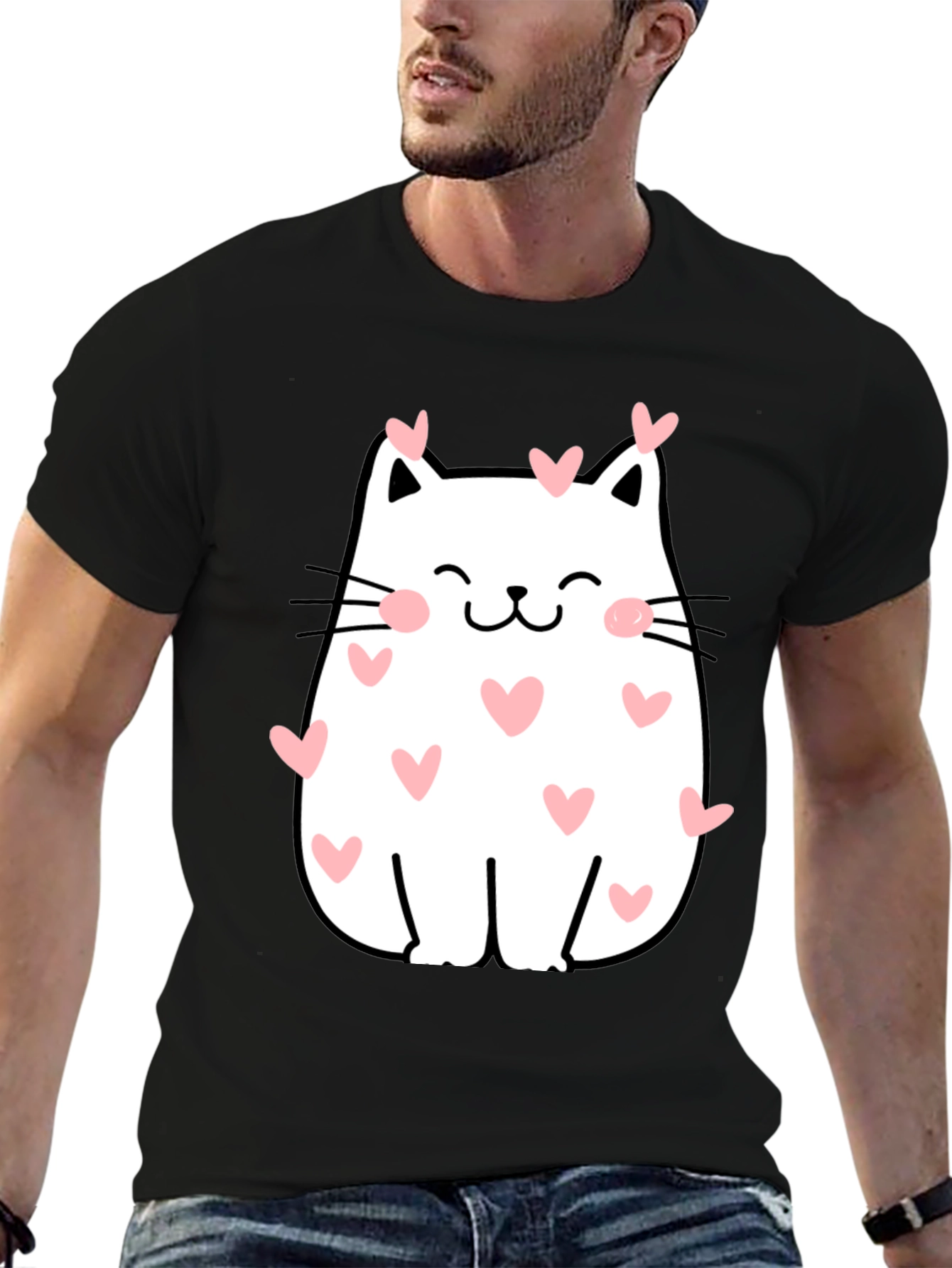 Cute Cat Hearts Graphic Tee - Black Casual T-Shirt