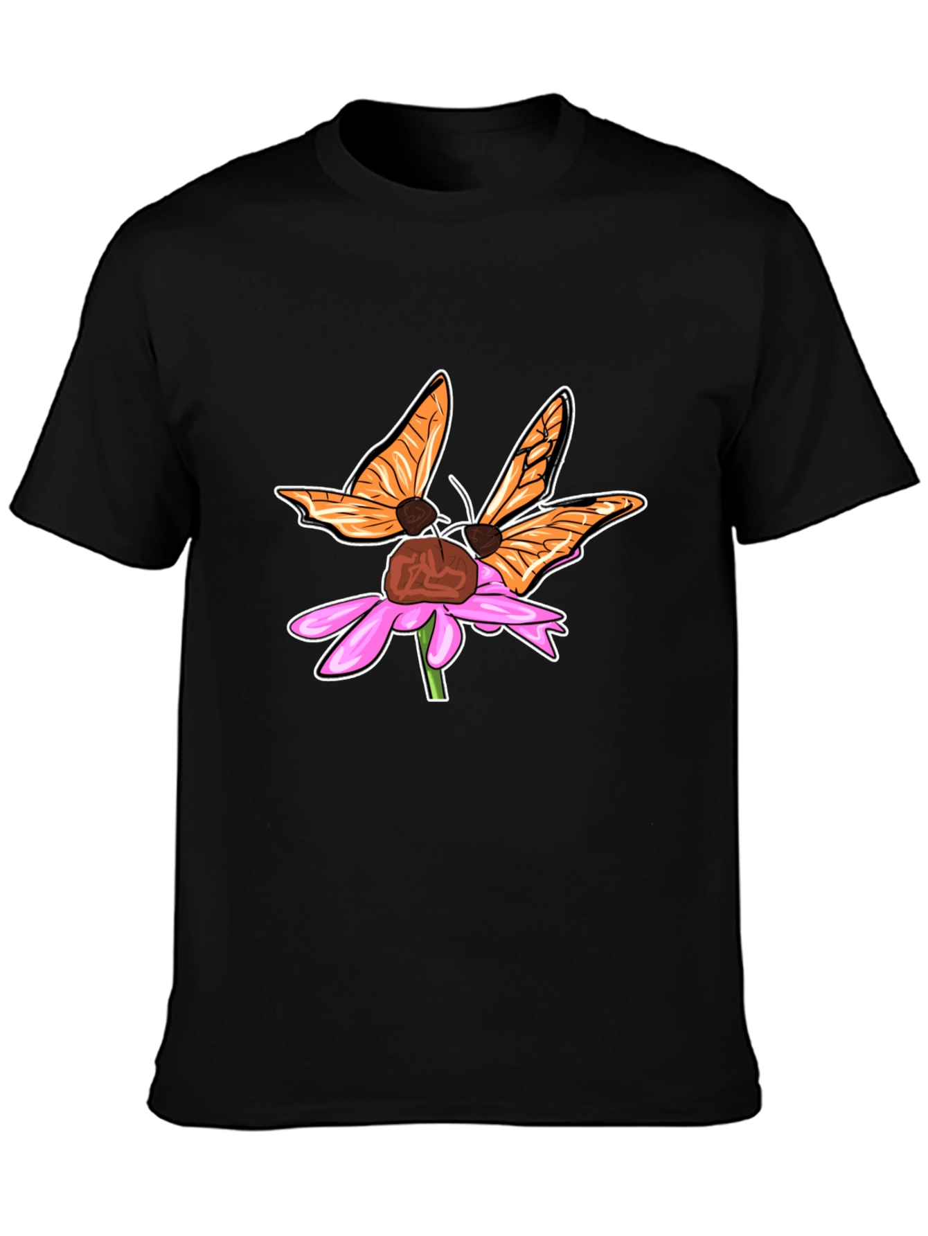 Butterfly on Flower Graphic Tee - Stylish Black T-Shirt