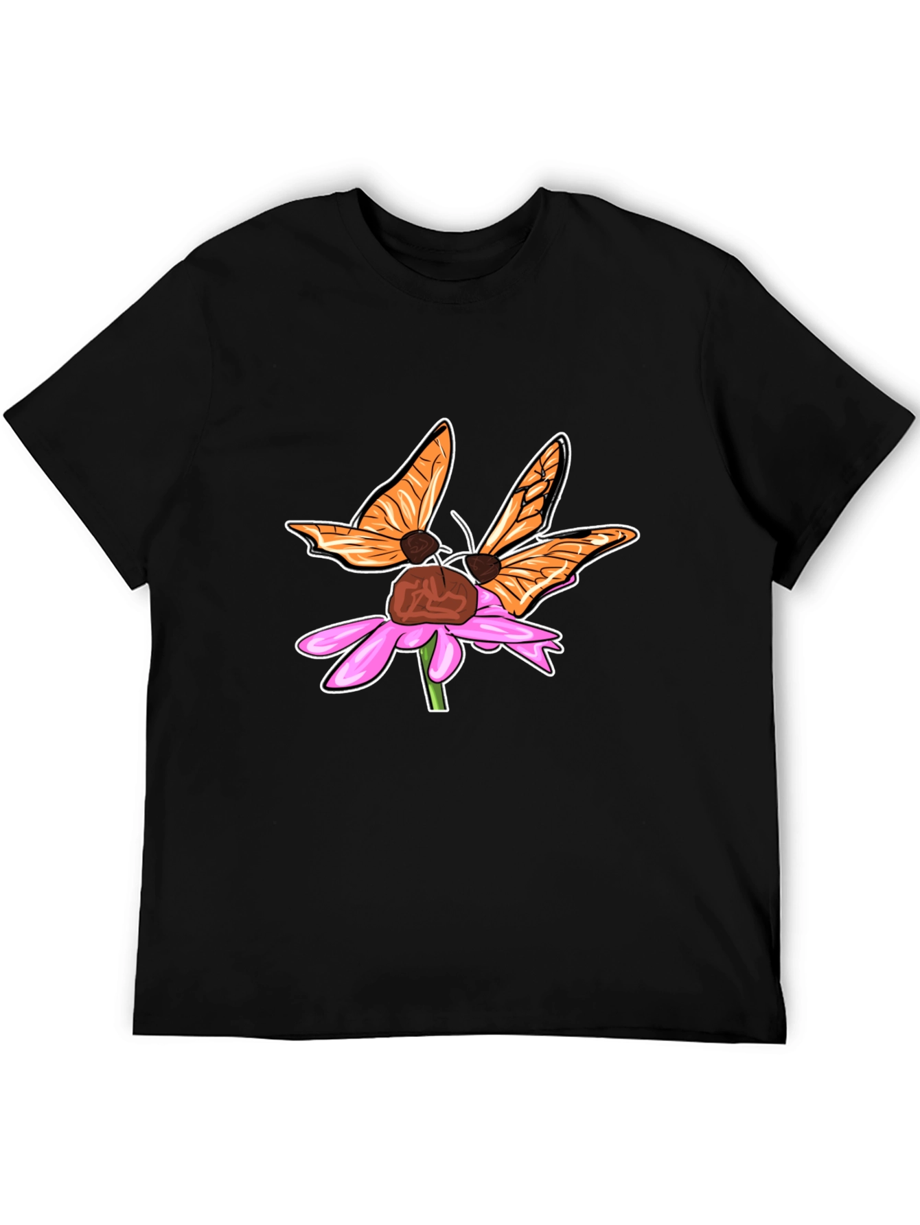 Butterfly on Flower Graphic Tee - Stylish Black T-Shirt