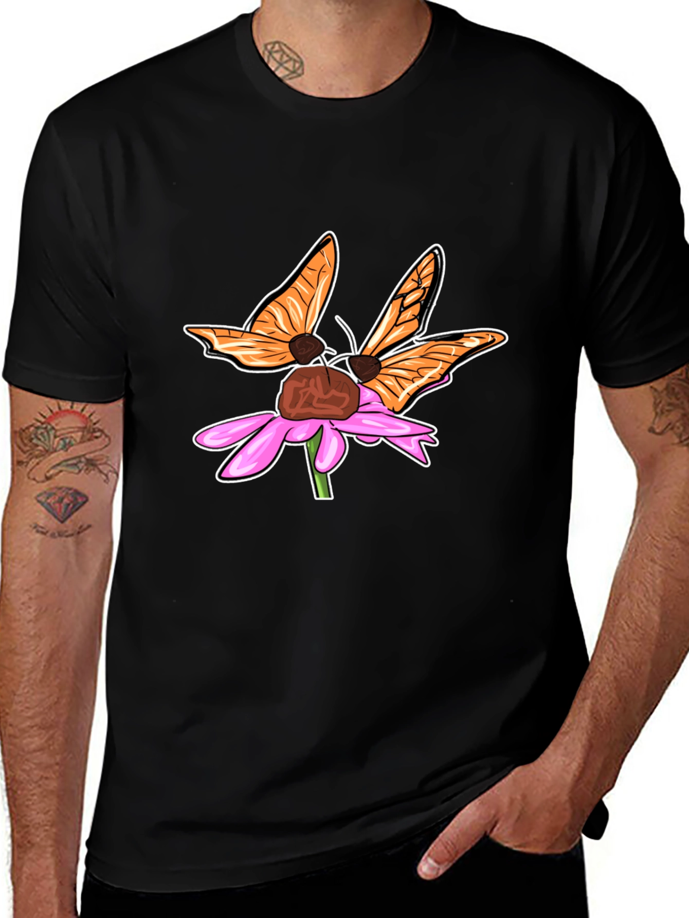 Butterfly on Flower Graphic Tee - Stylish Black T-Shirt