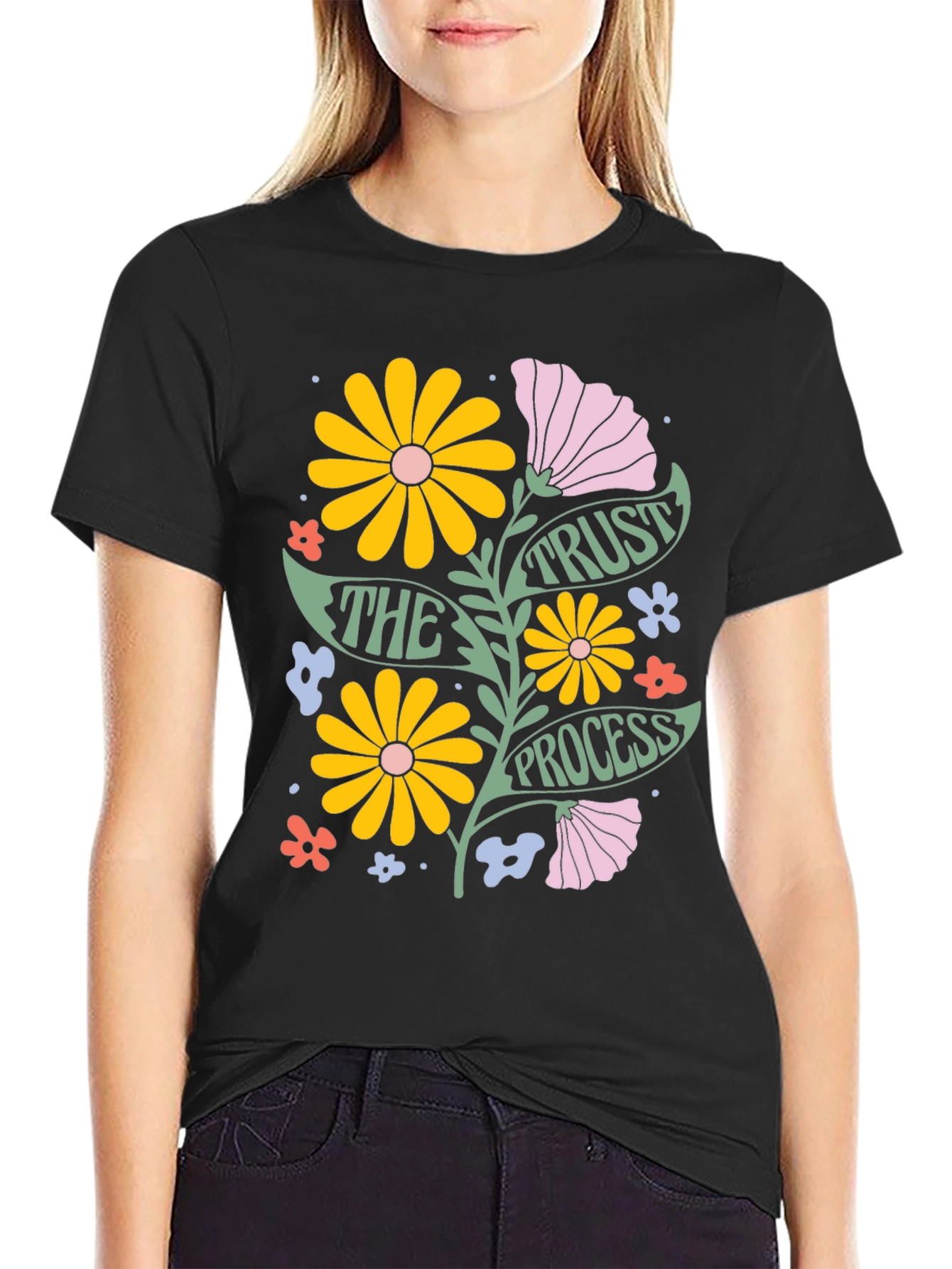 Trust The Process Floral Graphic Tee - Black