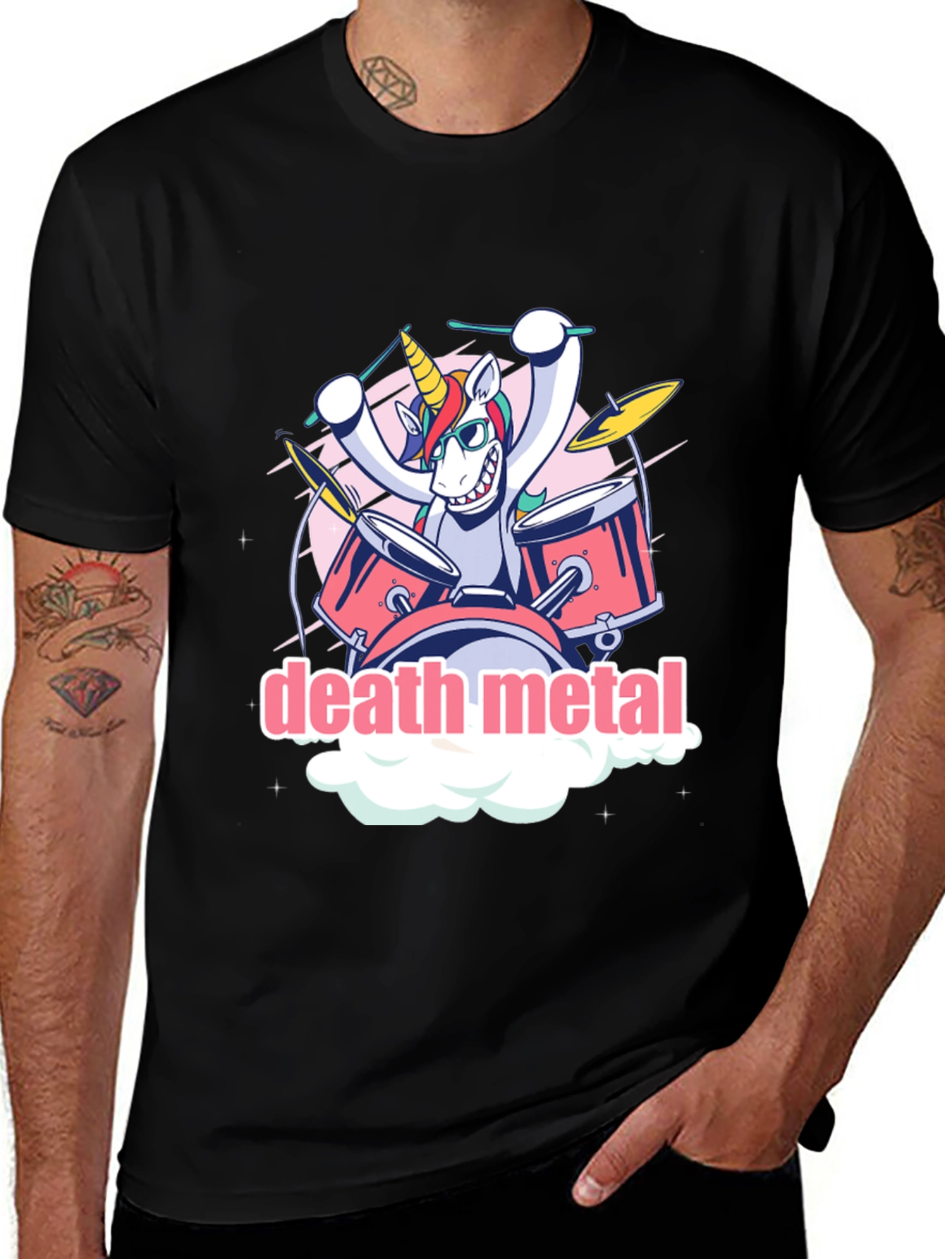 Death Metal Unicorn Drummer Graphic T-Shirt