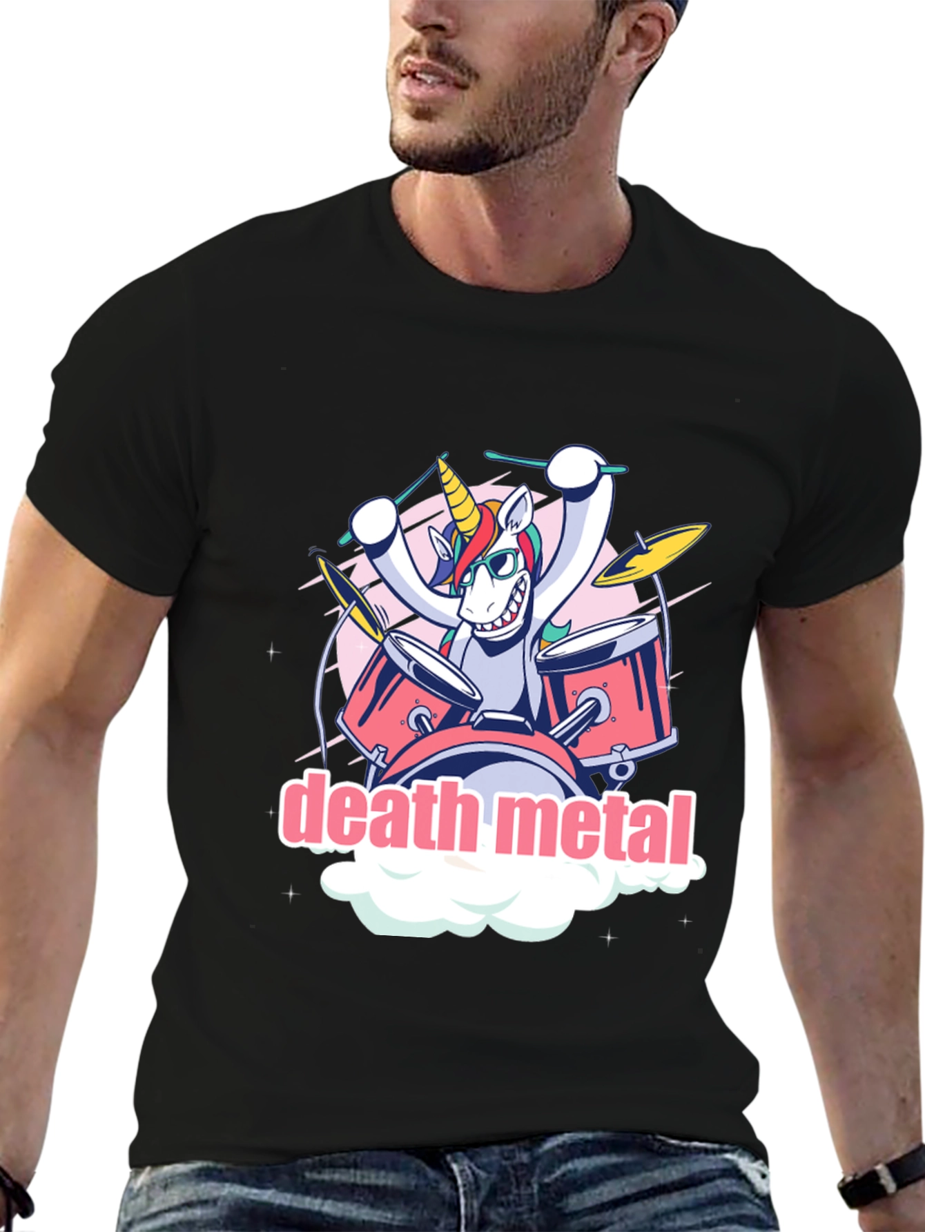 Death Metal Unicorn Drummer Graphic T-Shirt