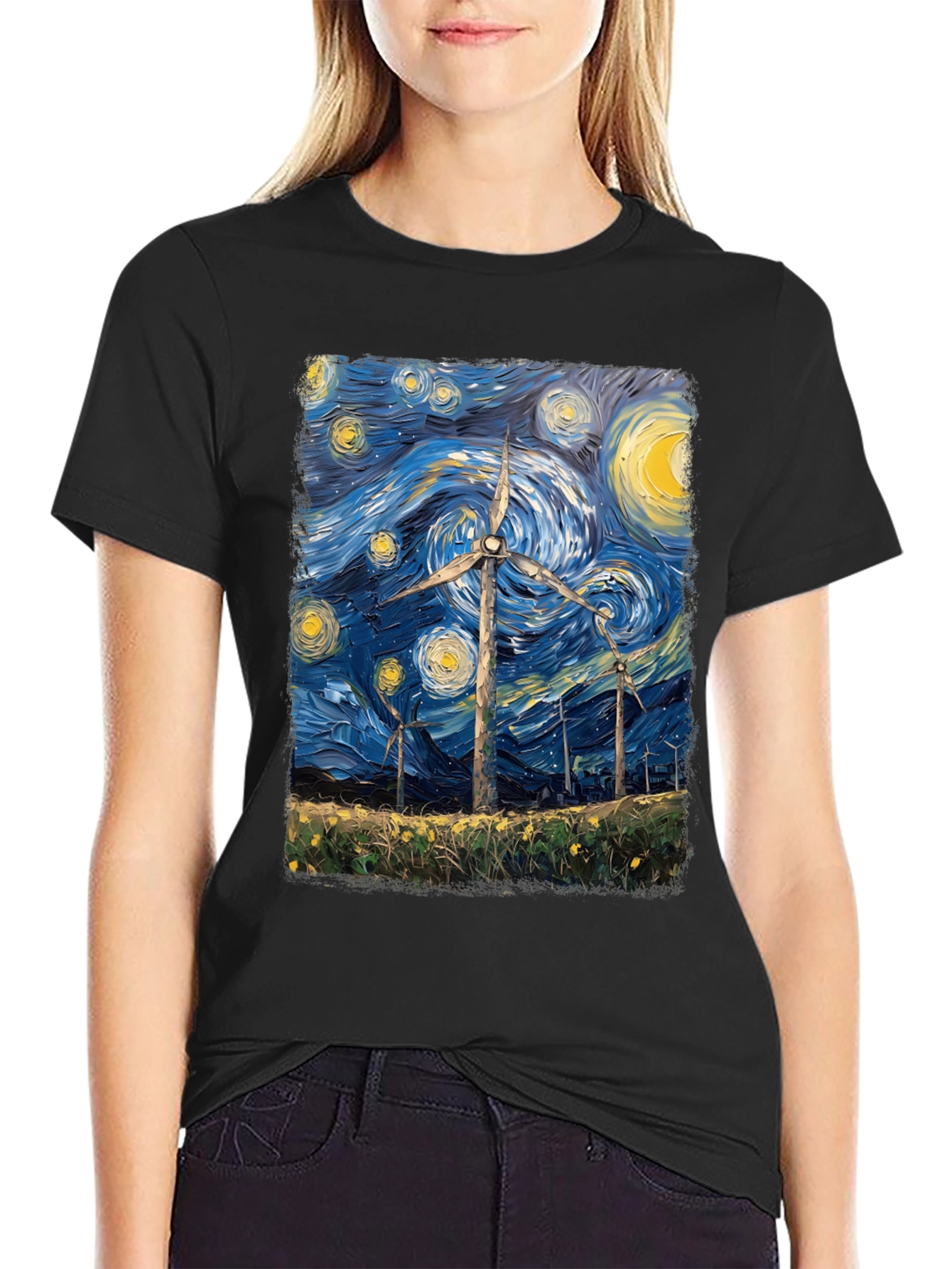 Starry Night Wind Turbine Graphic Tee