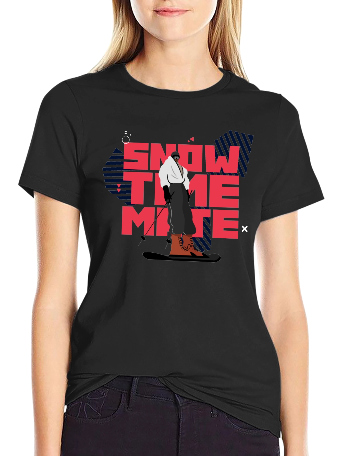 Snow Time Mate T-Shirt Black Cotton Skiing Graphic Tee