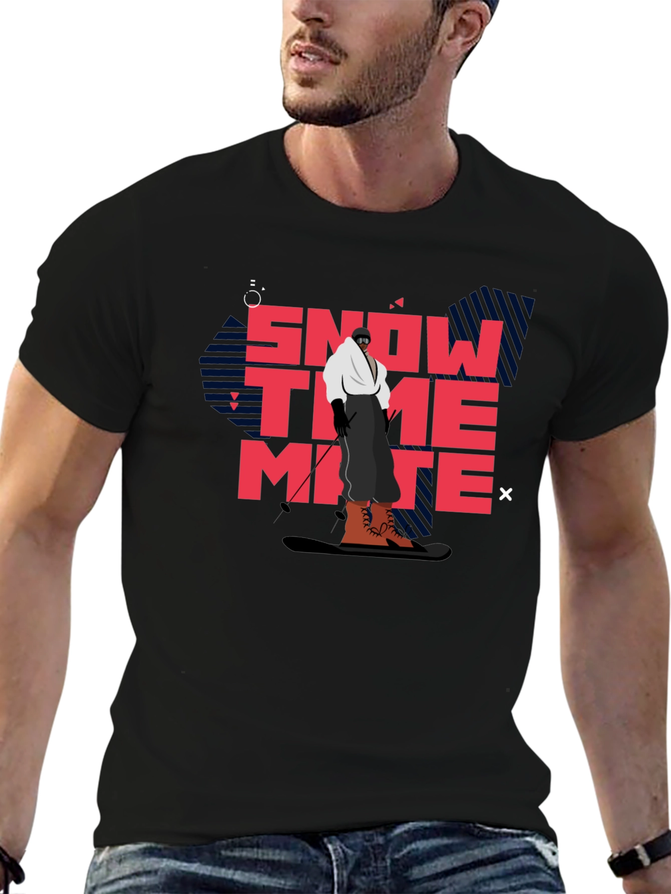Snow Time Mate T-Shirt Black Cotton Skiing Graphic Tee