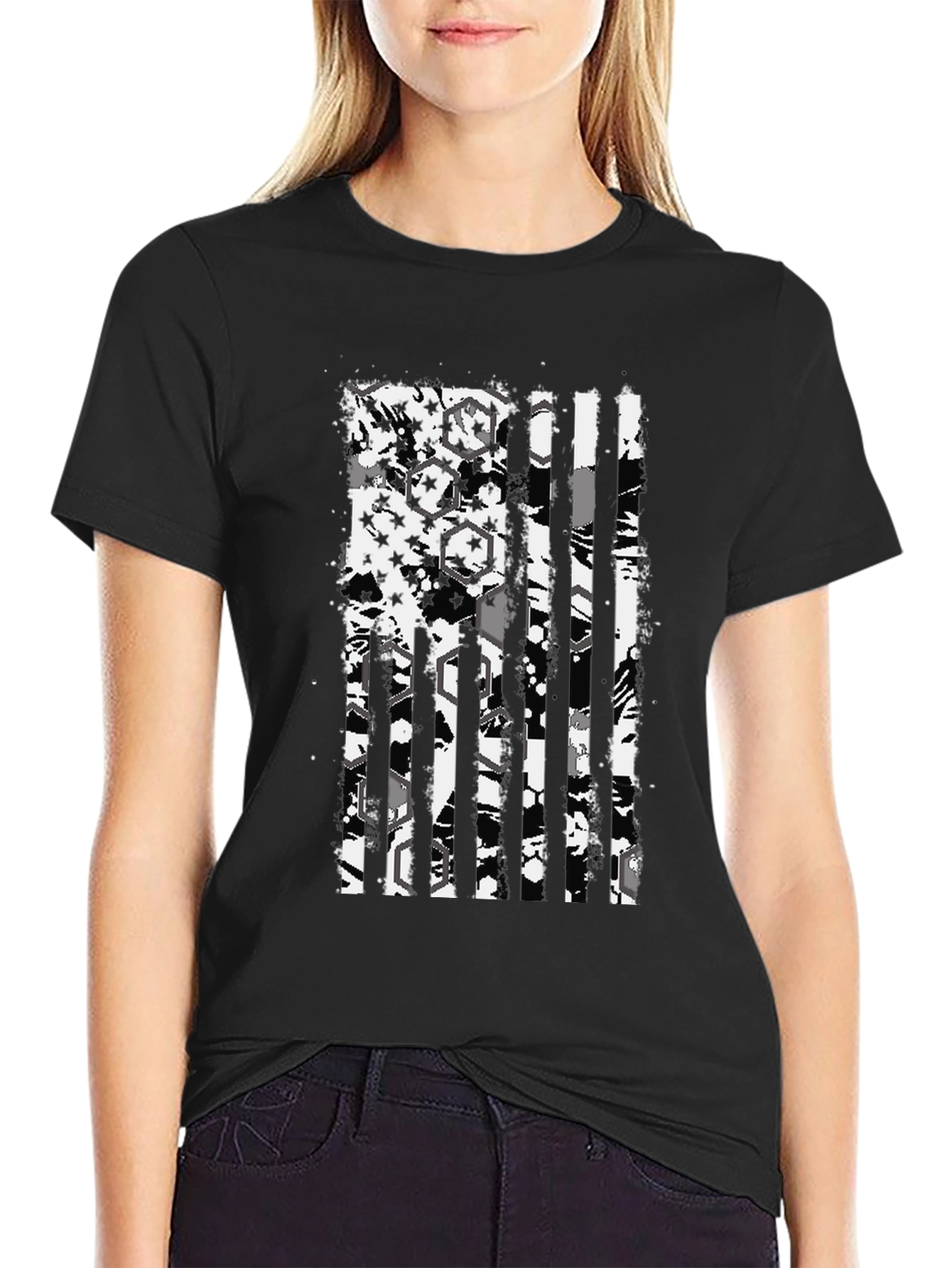 Distressed American Flag Graphic Tee - Black