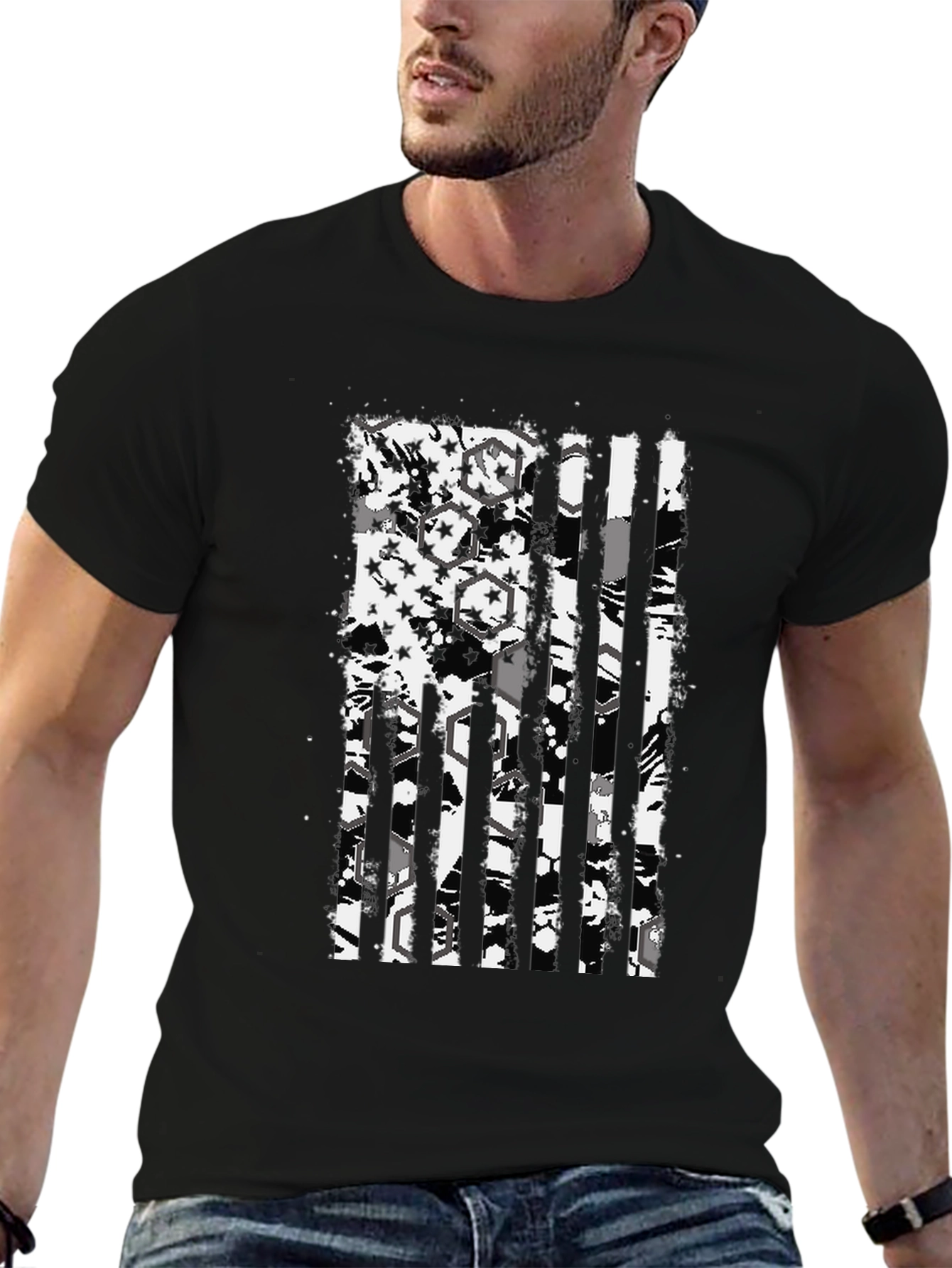 Distressed American Flag Graphic Tee - Black