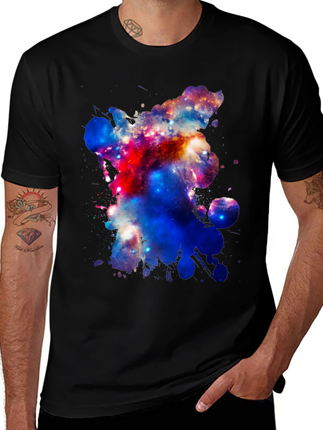 Galaxy Splatter Print Mens Black T-Shirt