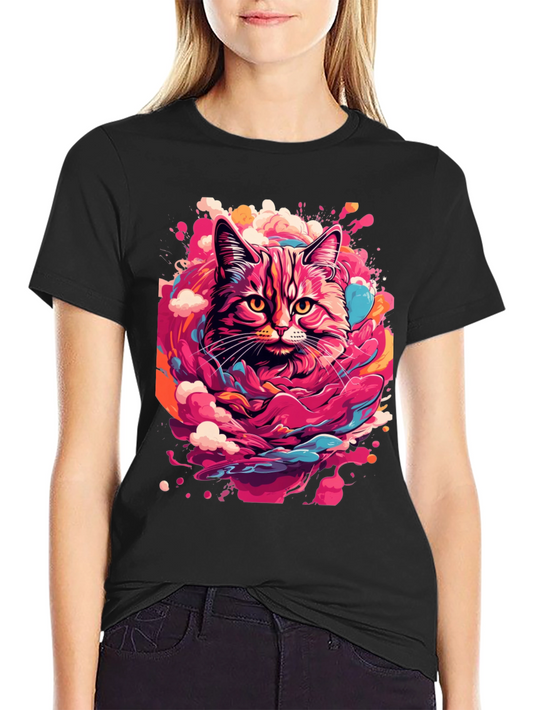 Colorful Cat Graphic Black T-Shirt