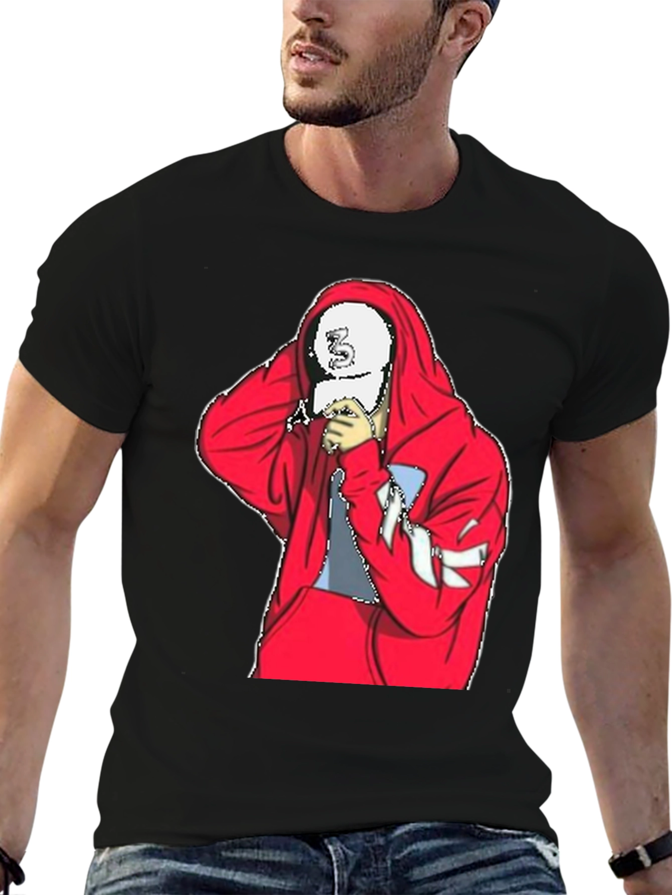 Mens Black T-Shirt with Red Hoodie Graphic
