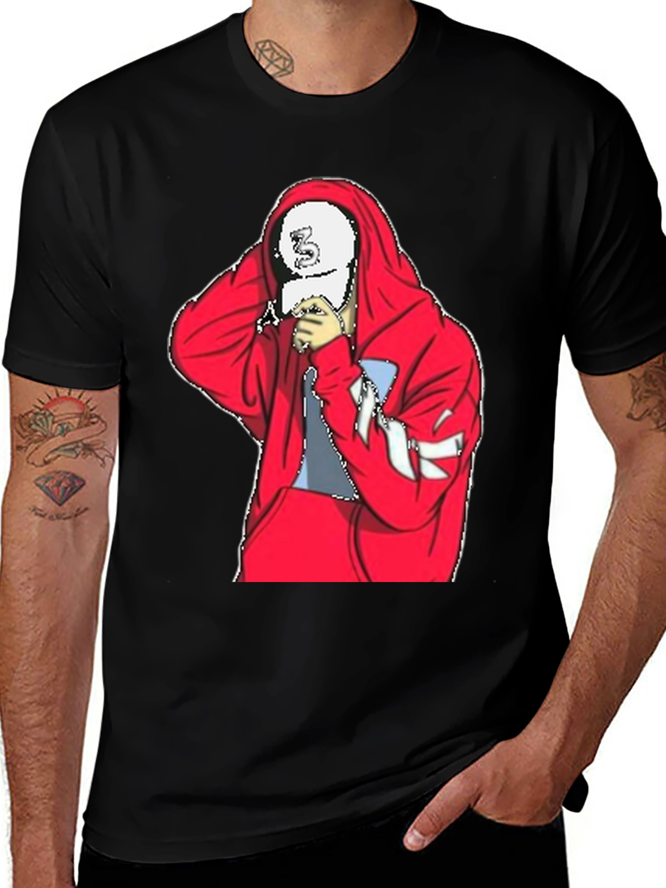 Mens Black T-Shirt with Red Hoodie Graphic