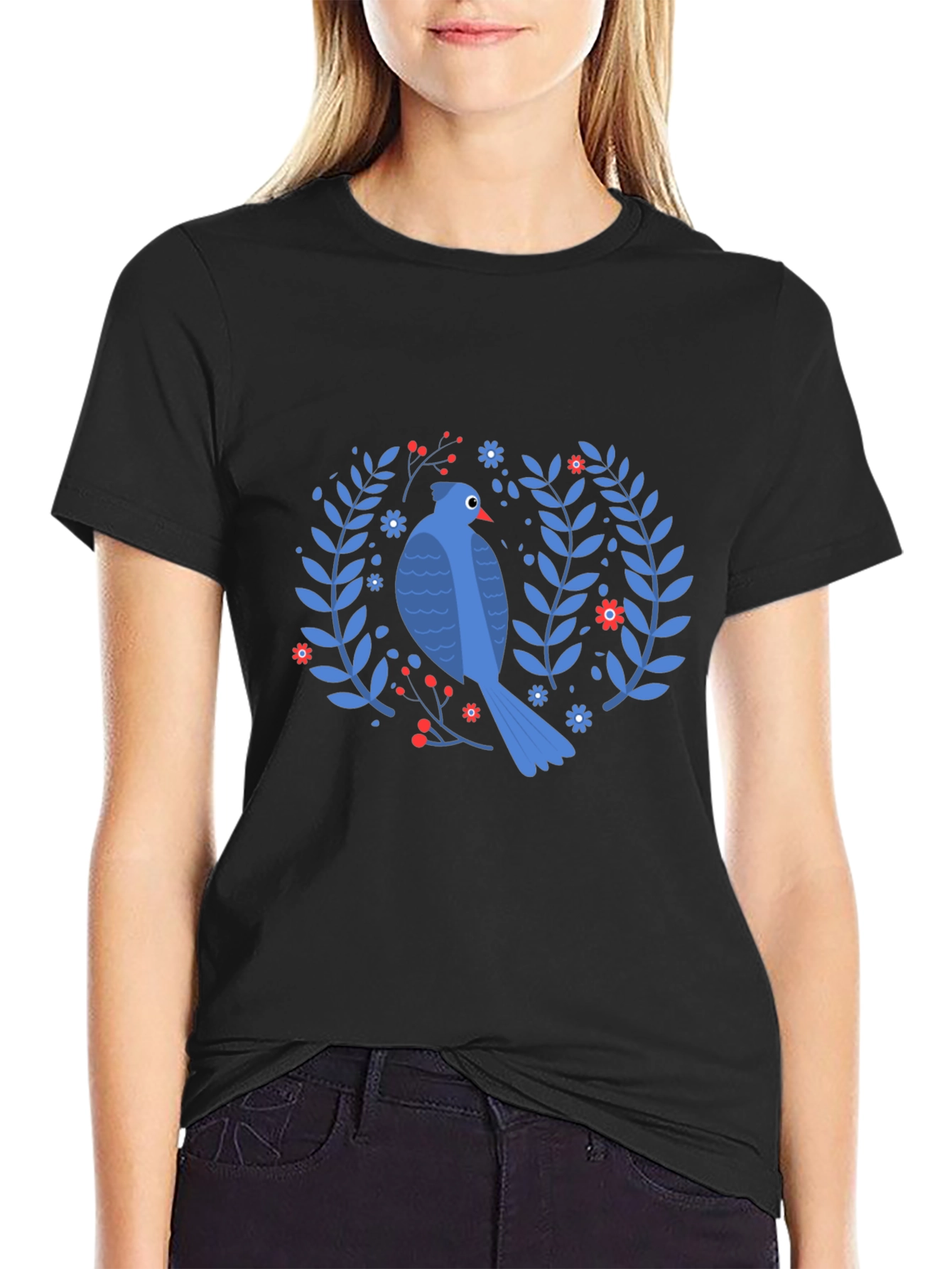 Bird & Floral Wreath Black T-Shirt