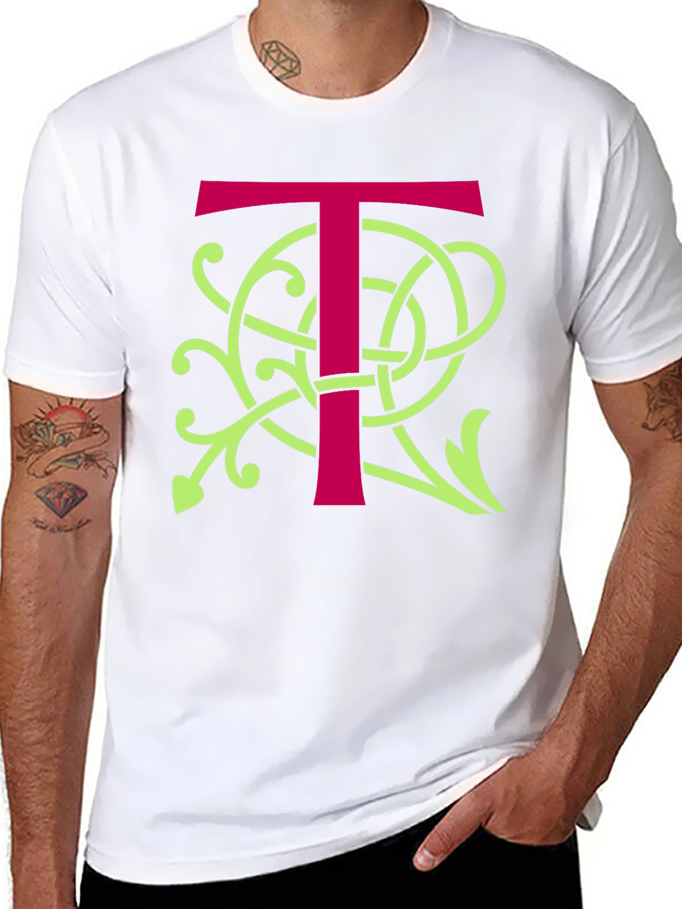 Black T-Shirt with Ornate Initial T Design