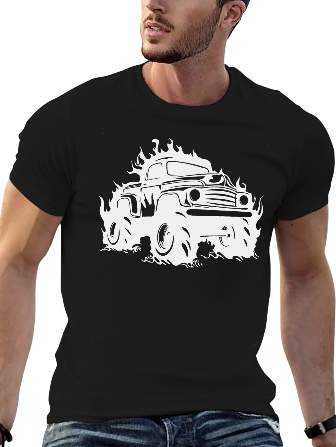 Flaming Truck Graphic Tee - Black Cotton T-Shirt