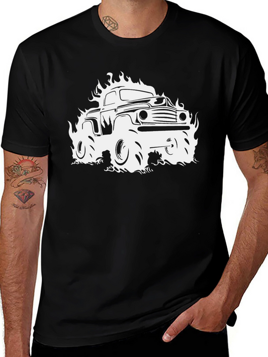 Flaming Truck Graphic Tee - Black Cotton T-Shirt