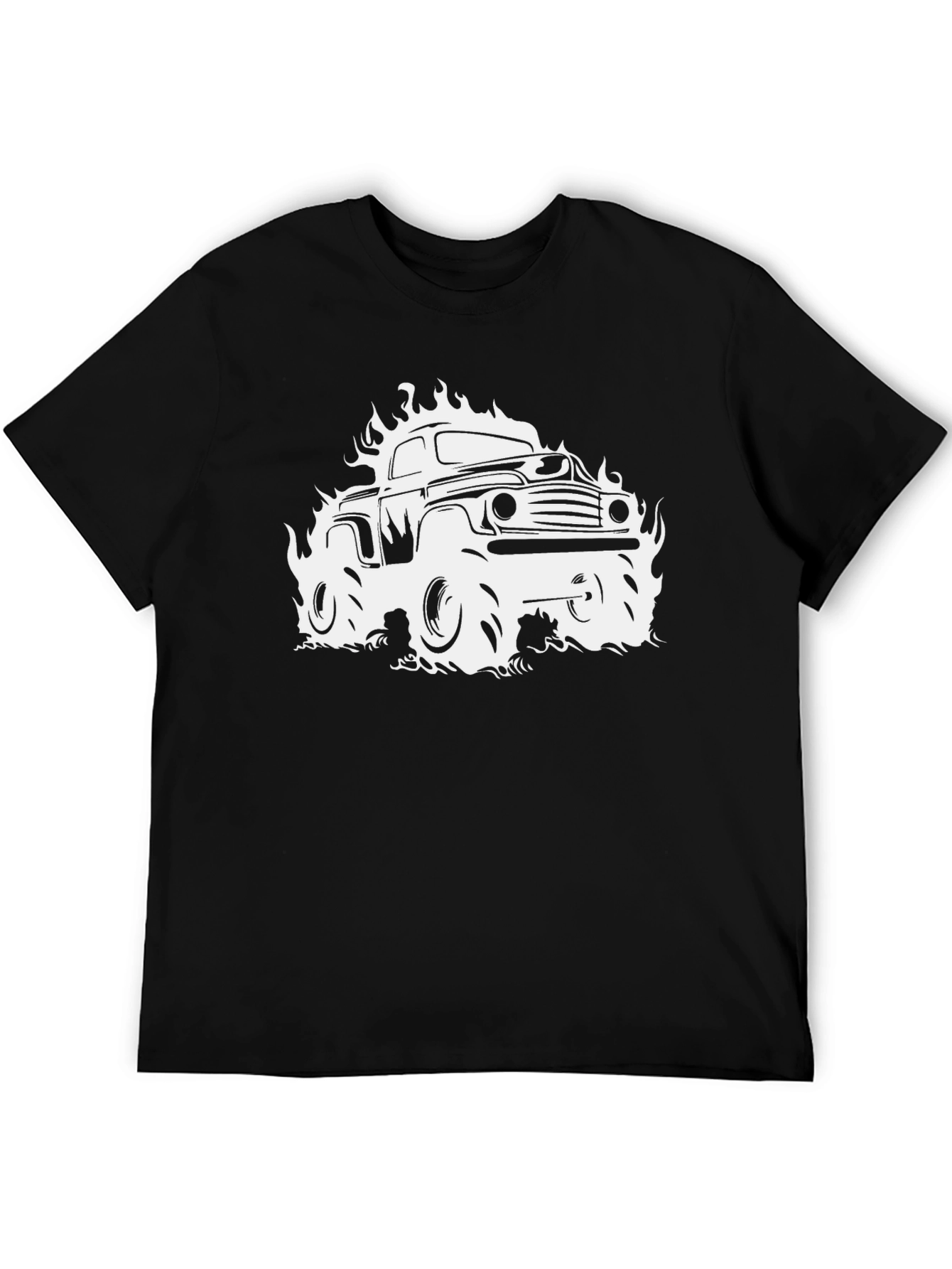 Flaming Truck Graphic Tee - Black Cotton T-Shirt