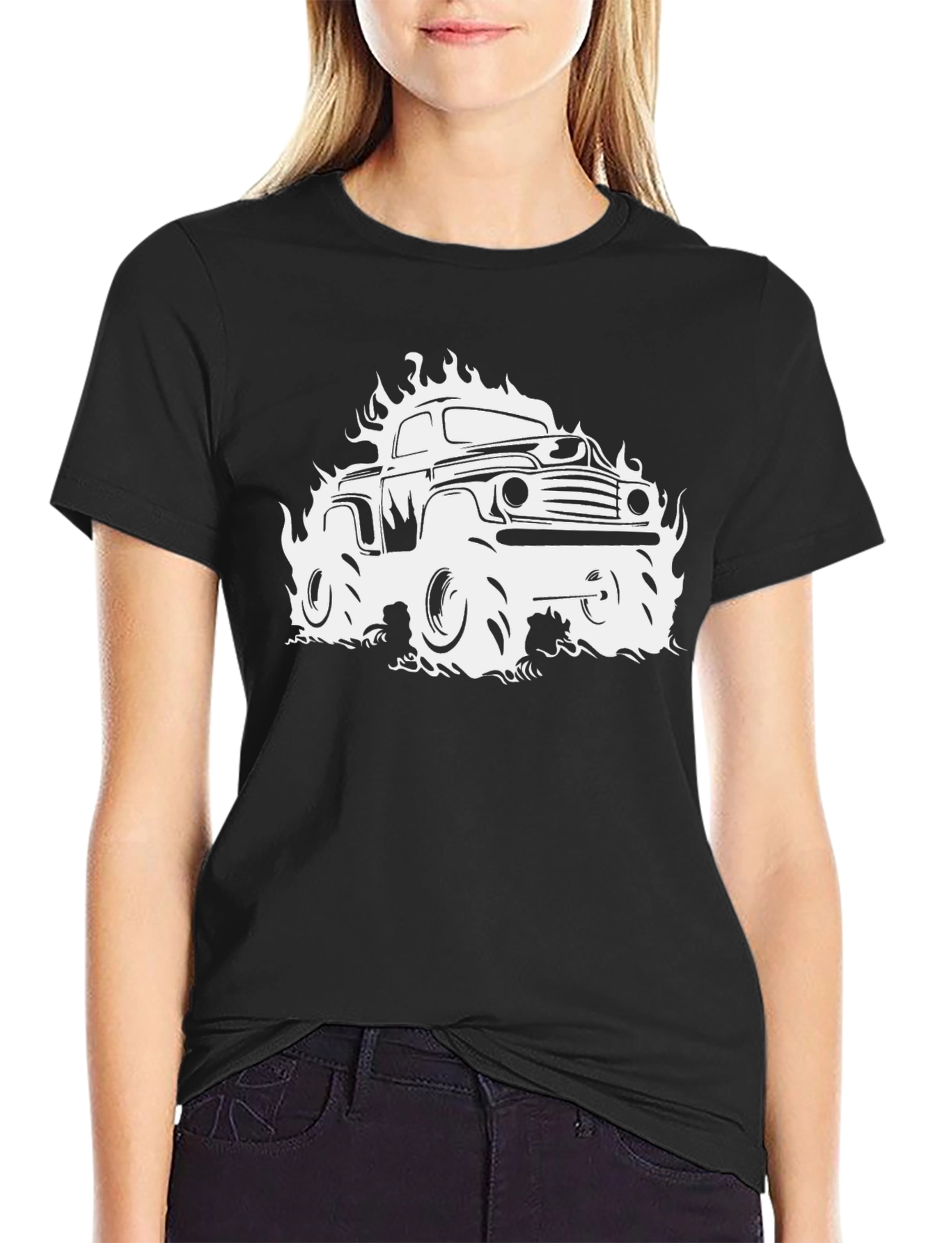 Flaming Truck Graphic Tee - Black Cotton T-Shirt