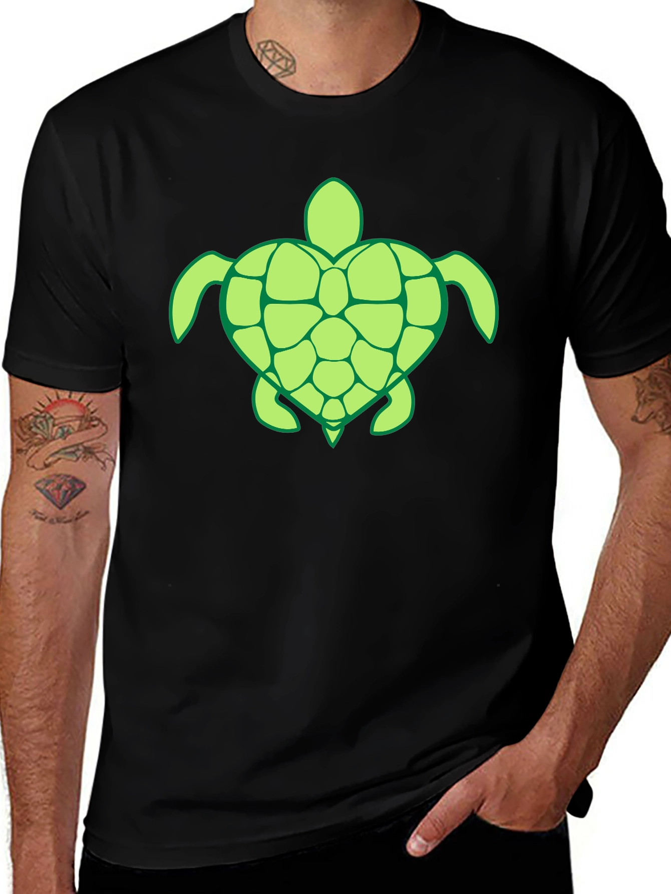 Mens Black T-Shirt with Green Turtle Design