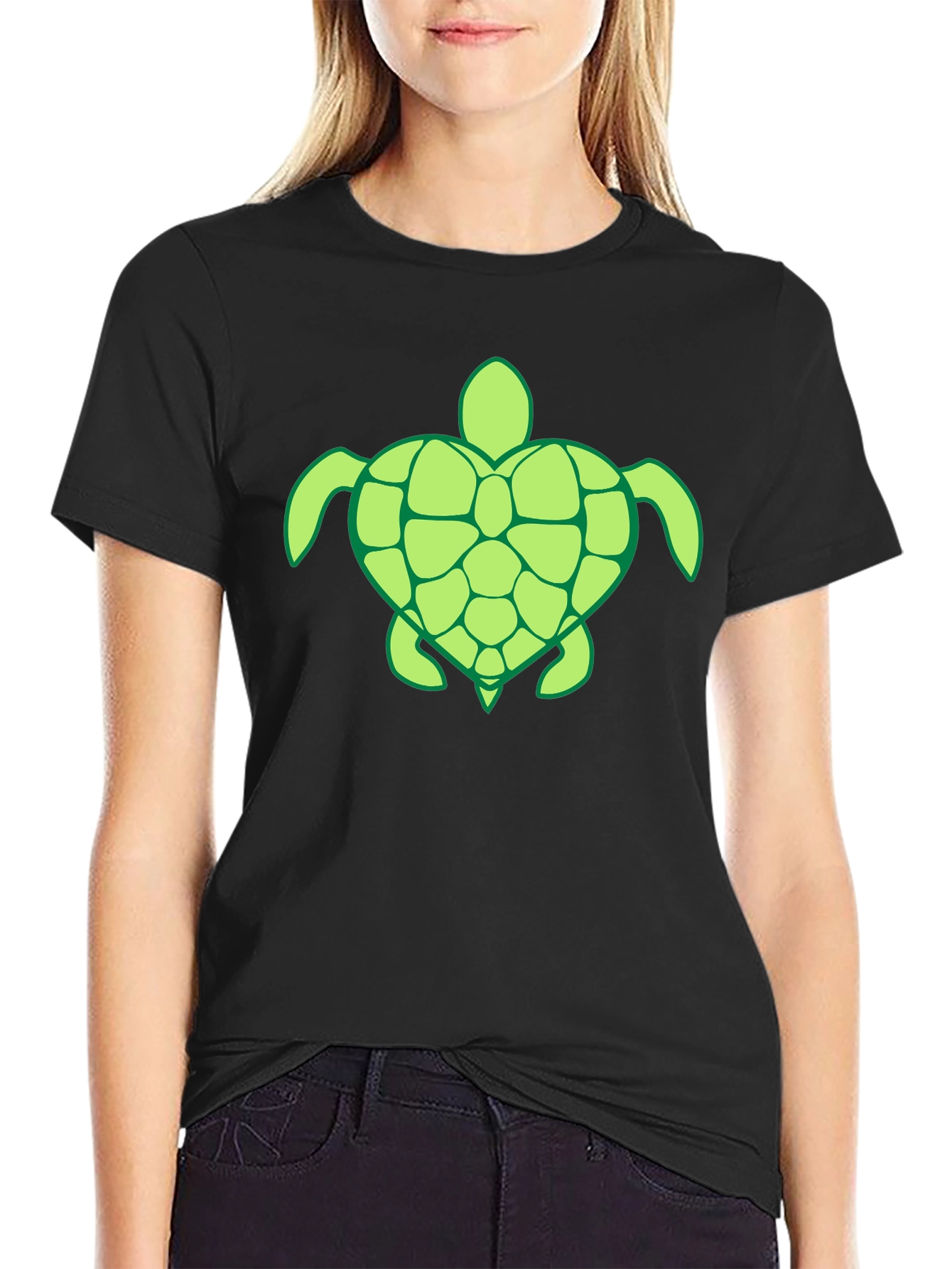 Mens Black T-Shirt with Green Turtle Design